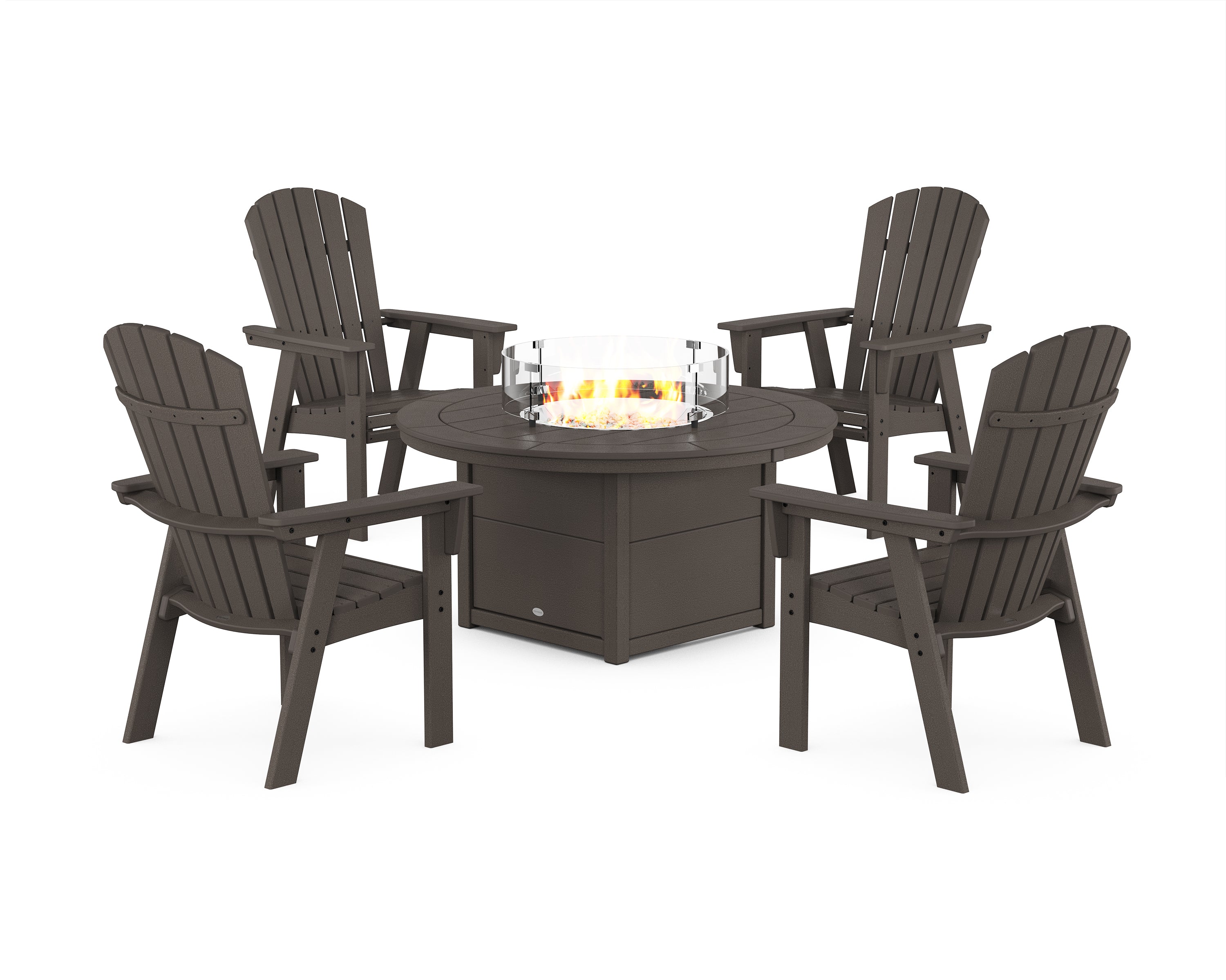 POLYWOOD Nautical 4-Piece Curveback Upright Adirondack Conversation Set with Fire Pit Table in Vintage Coffee