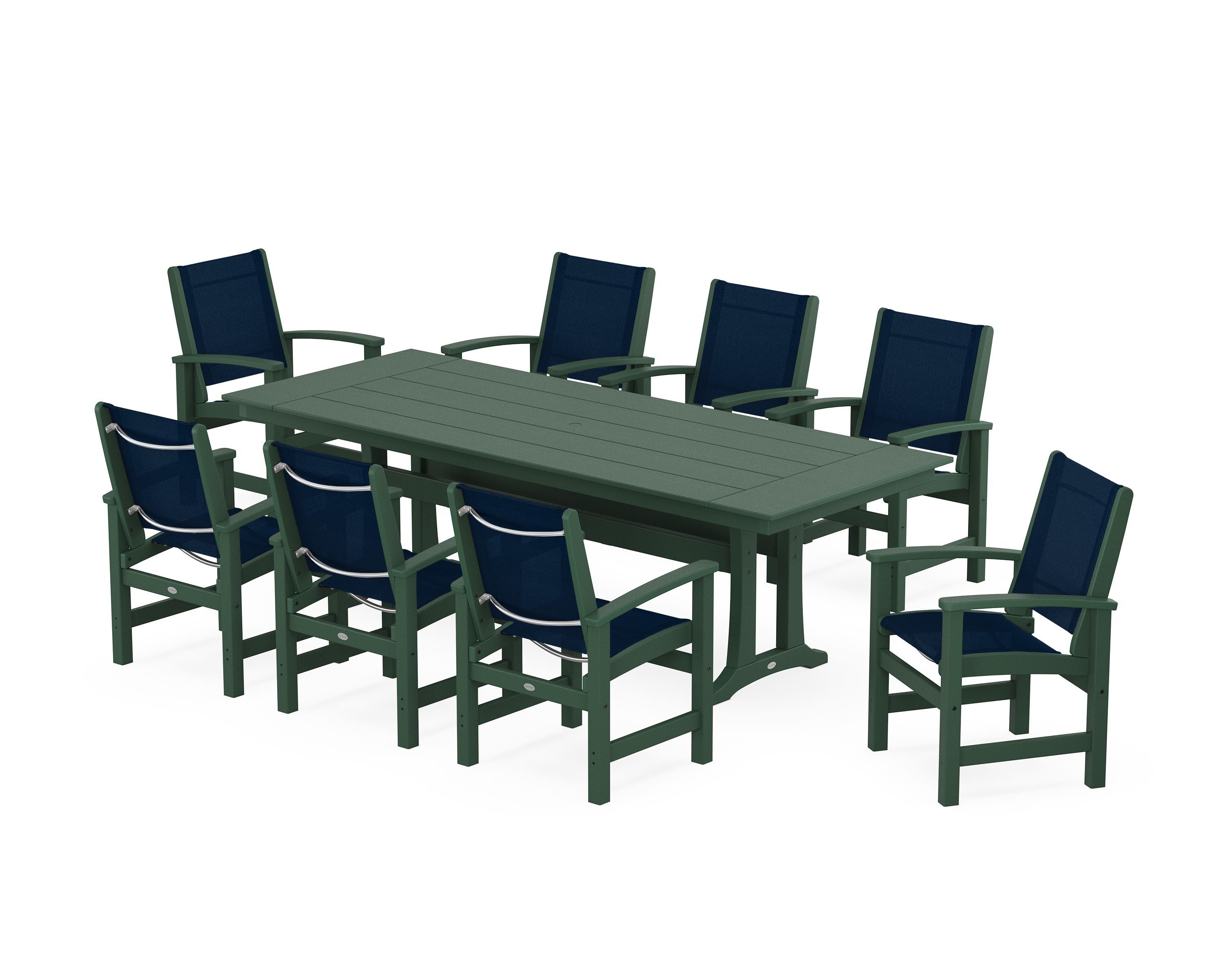 POLYWOOD Coastal 9-Piece Farmhouse Dining Set with Trestle Legs in Green / Navy Blue Sling