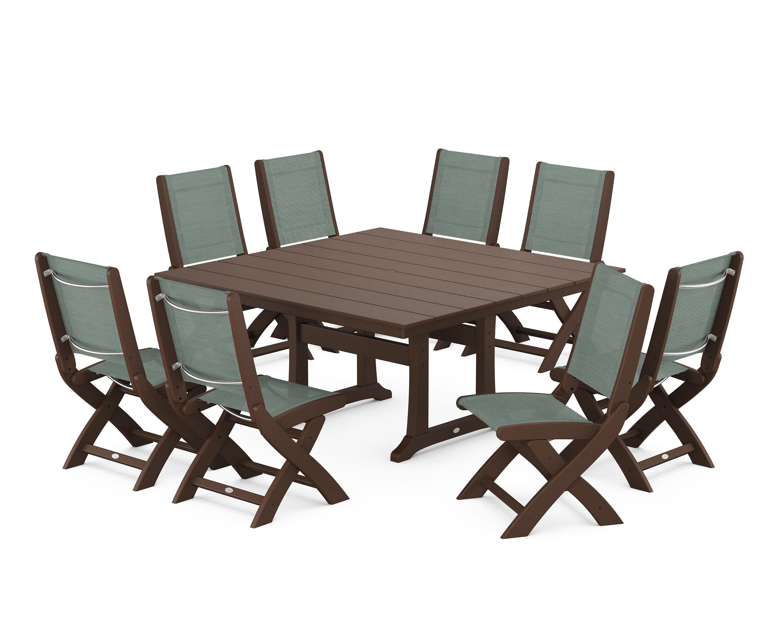 POLYWOOD Coastal Folding Side Chair 9-Piece Farmhouse Dining Set in Mahogany / Dupioni Sea Mist Sling