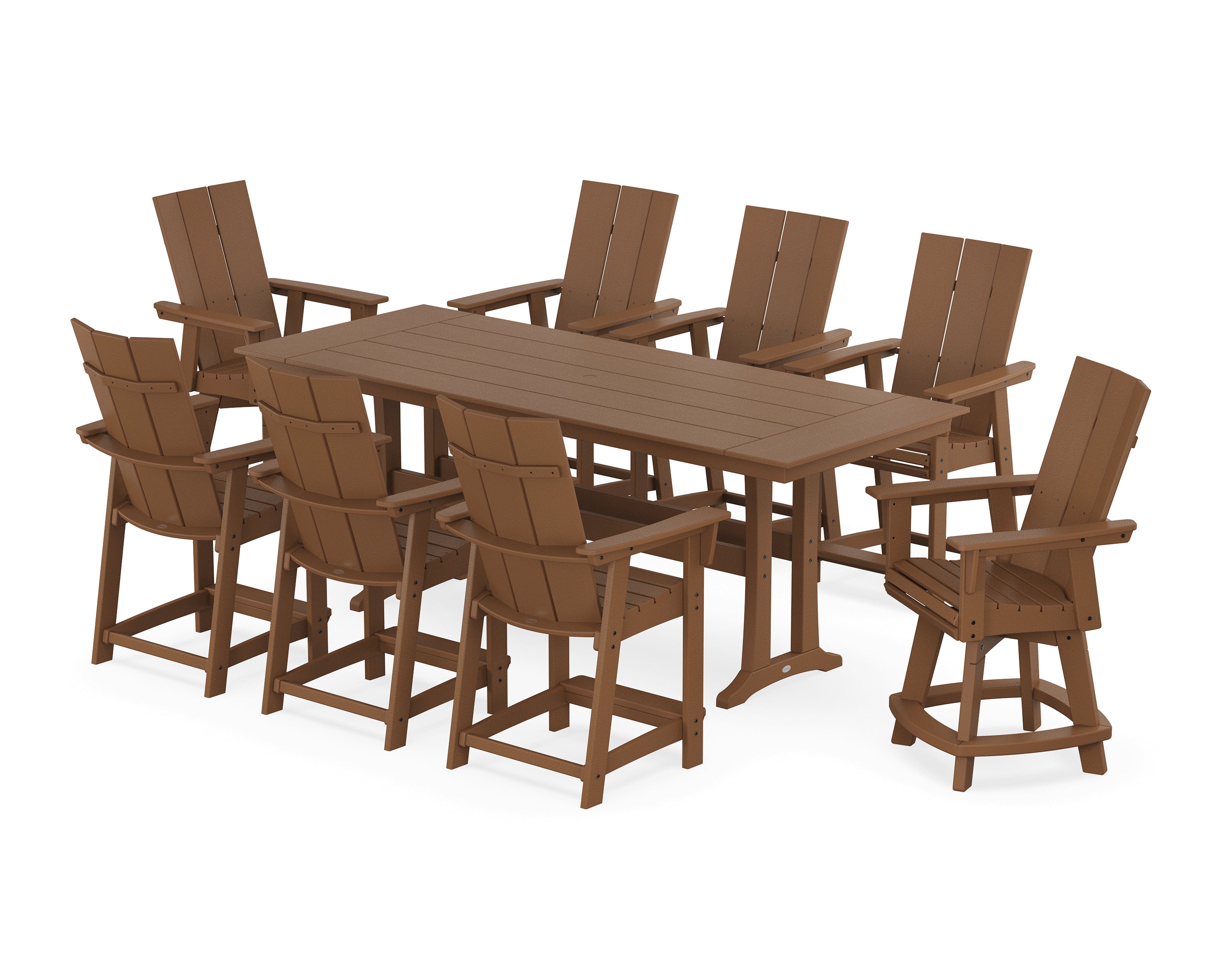 POLYWOOD® Modern Curveback Adirondack Swivel 9-Piece Farmhouse Counter Set with Trestle Legs in Teak