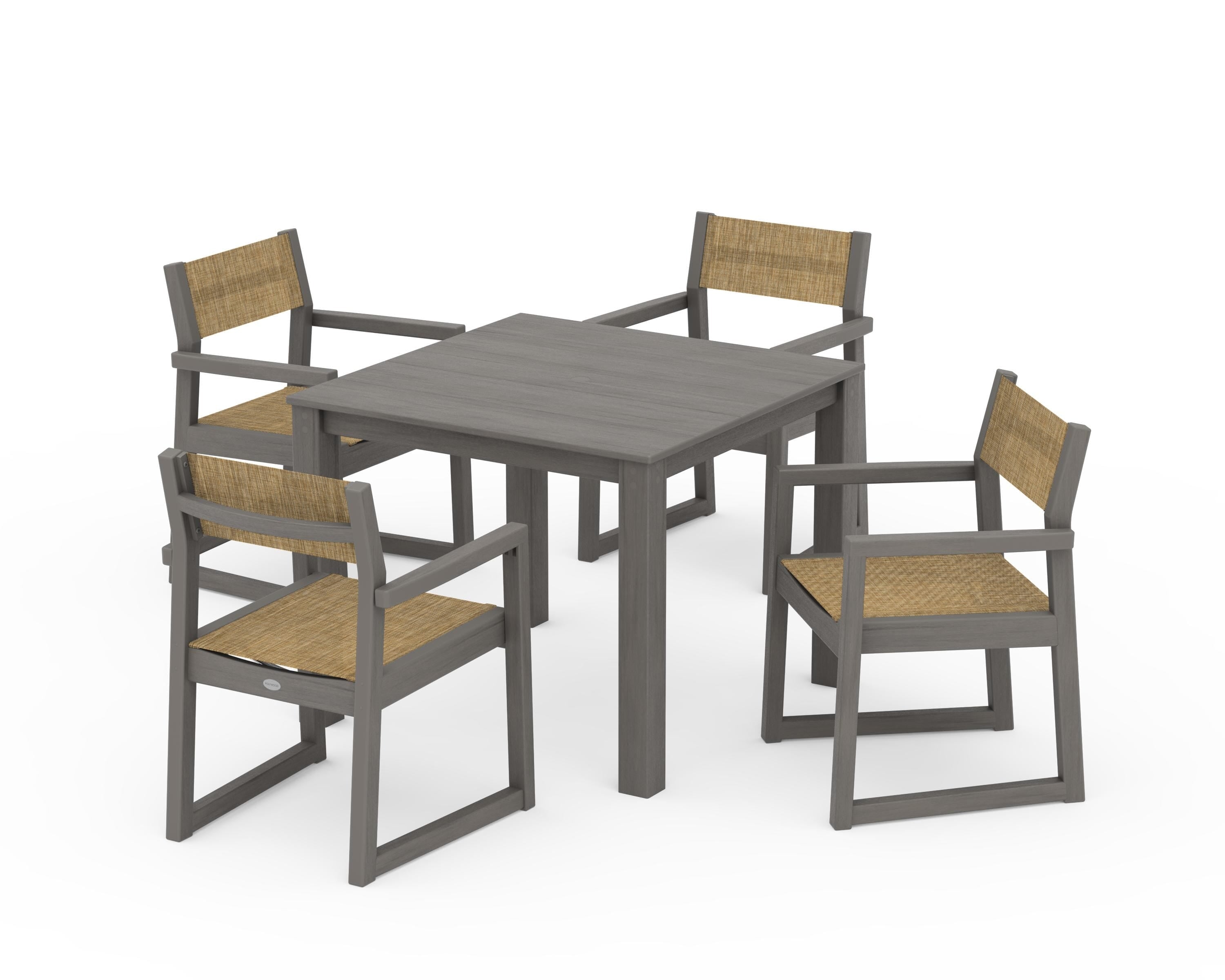 POLYWOOD EDGE Sling Arm Chair 5-Piece Parsons Dining Set in Driftwood / Burlap Sling