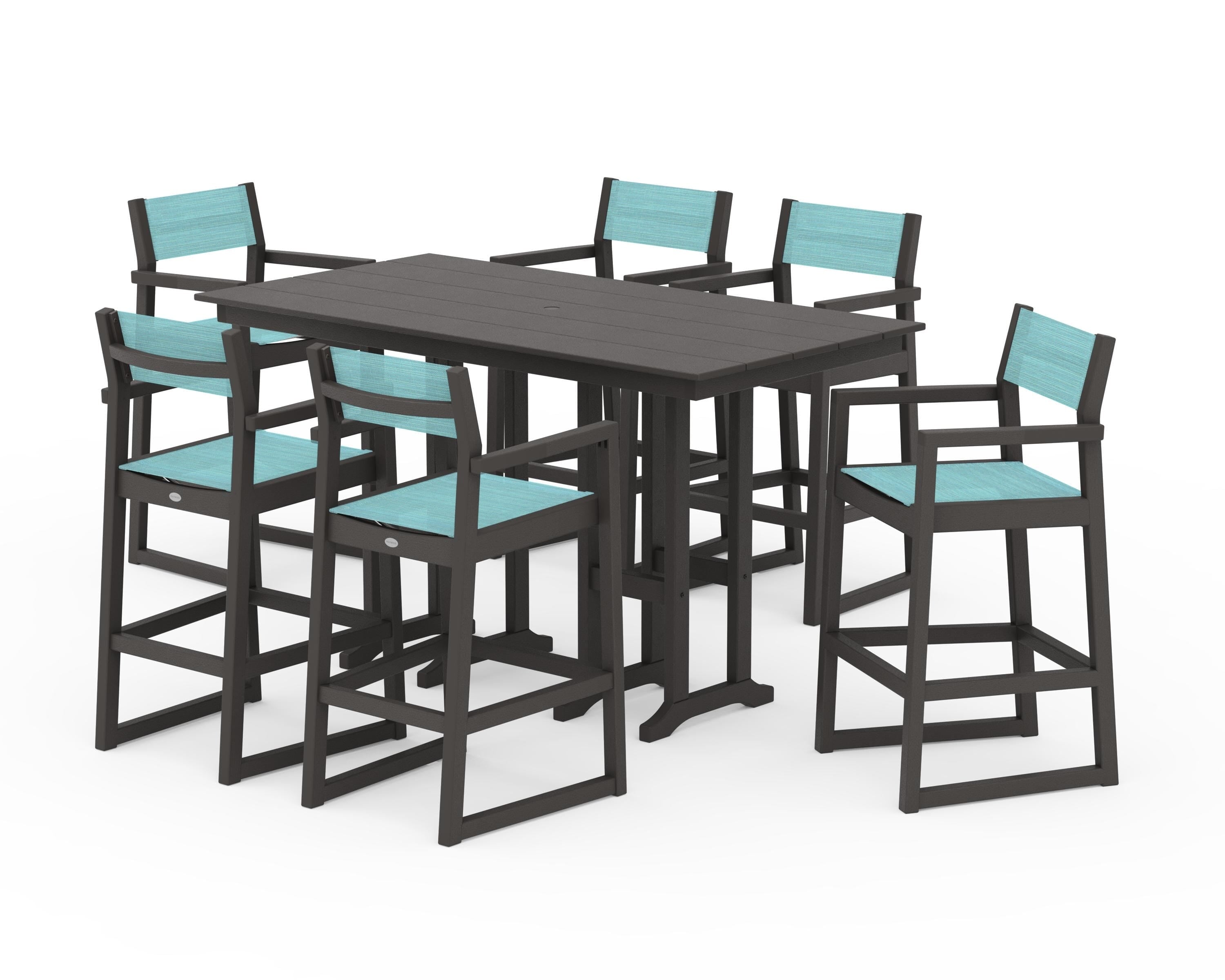 POLYWOOD EDGE Sling Arm Chair 7-Piece Farmhouse Bar Set in Vintage Coffee / Dupioni Aquamarine Sling