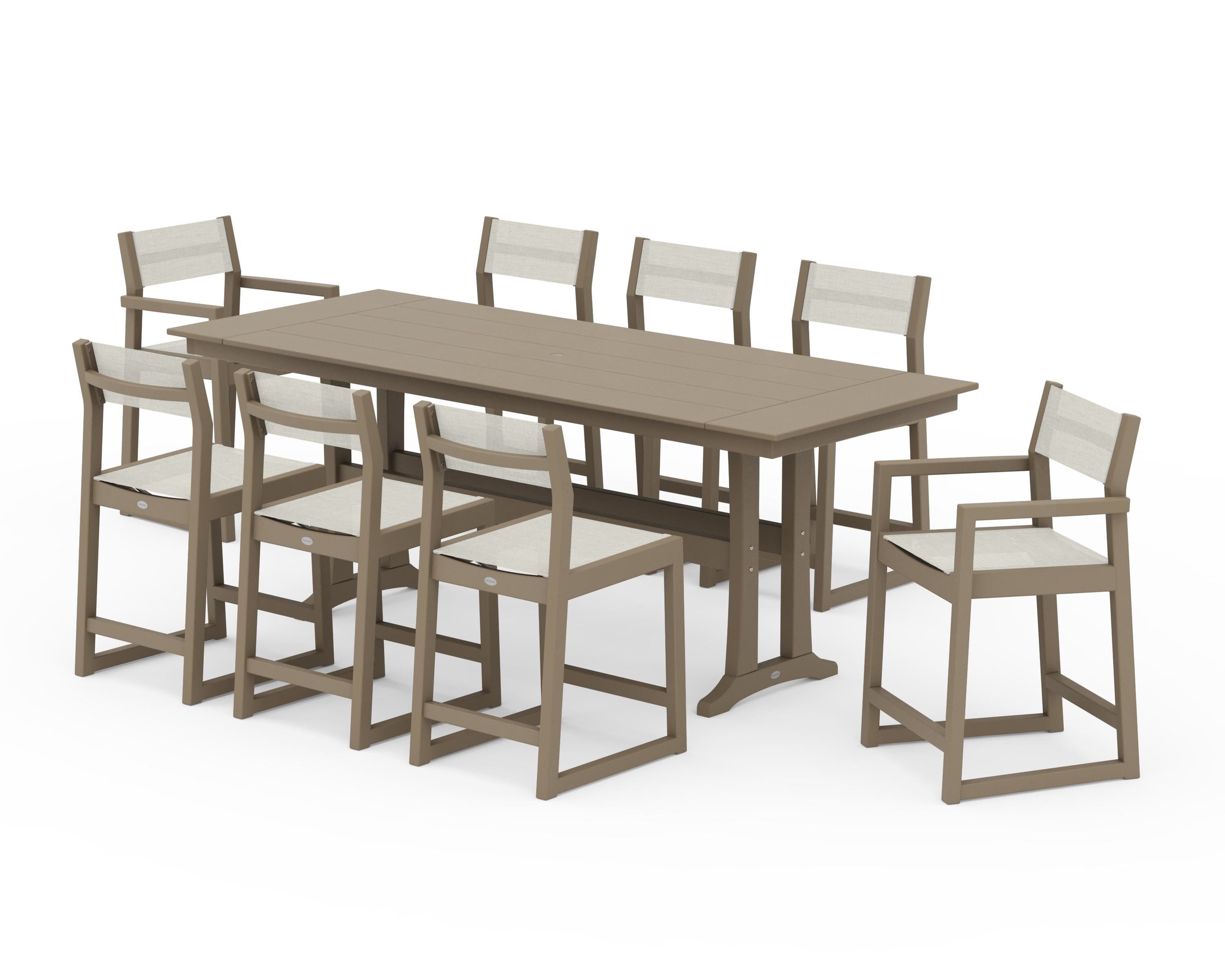 POLYWOOD EDGE Sling 9-Piece Farmhouse Counter Set with Trestle Legs in Vintage Sahara / Parchment Sling