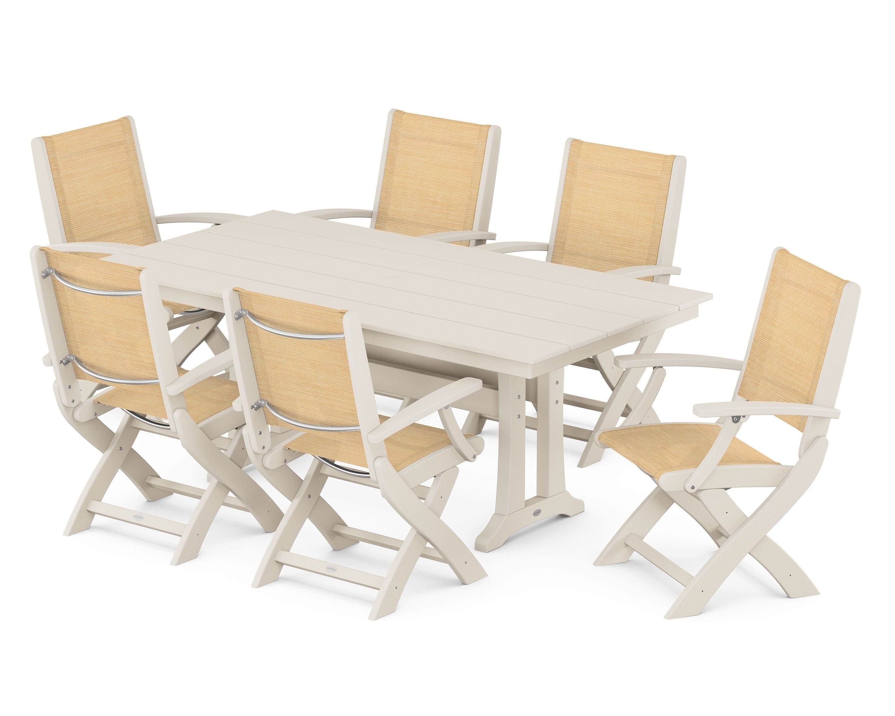 POLYWOOD Coastal Folding Arm Chair 7-Piece Farmhouse Dining Set with Trestle Legs in Sand / Dupioni Apricot Sling