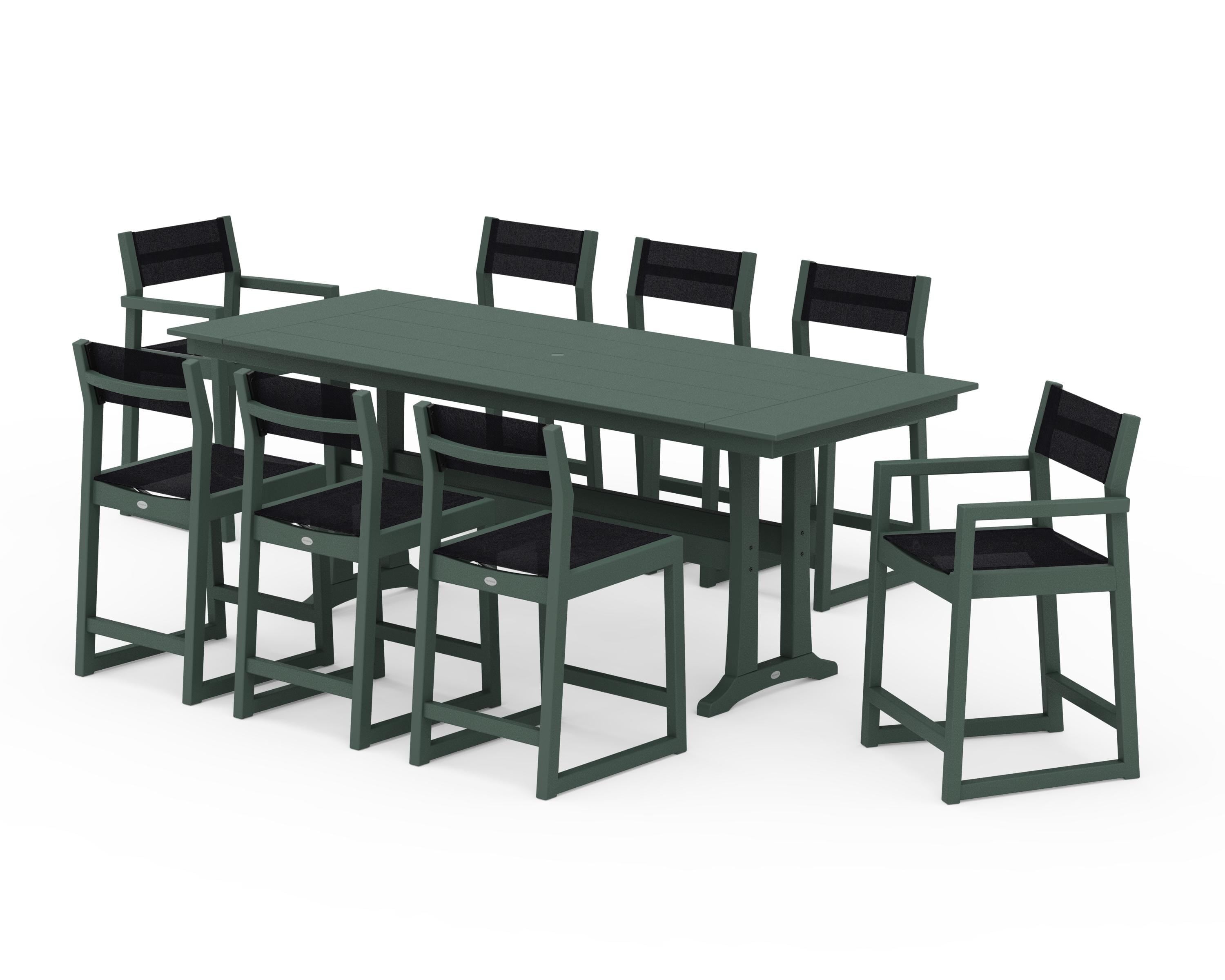 POLYWOOD EDGE Sling 9-Piece Farmhouse Counter Set with Trestle Legs in Green / Black Sling