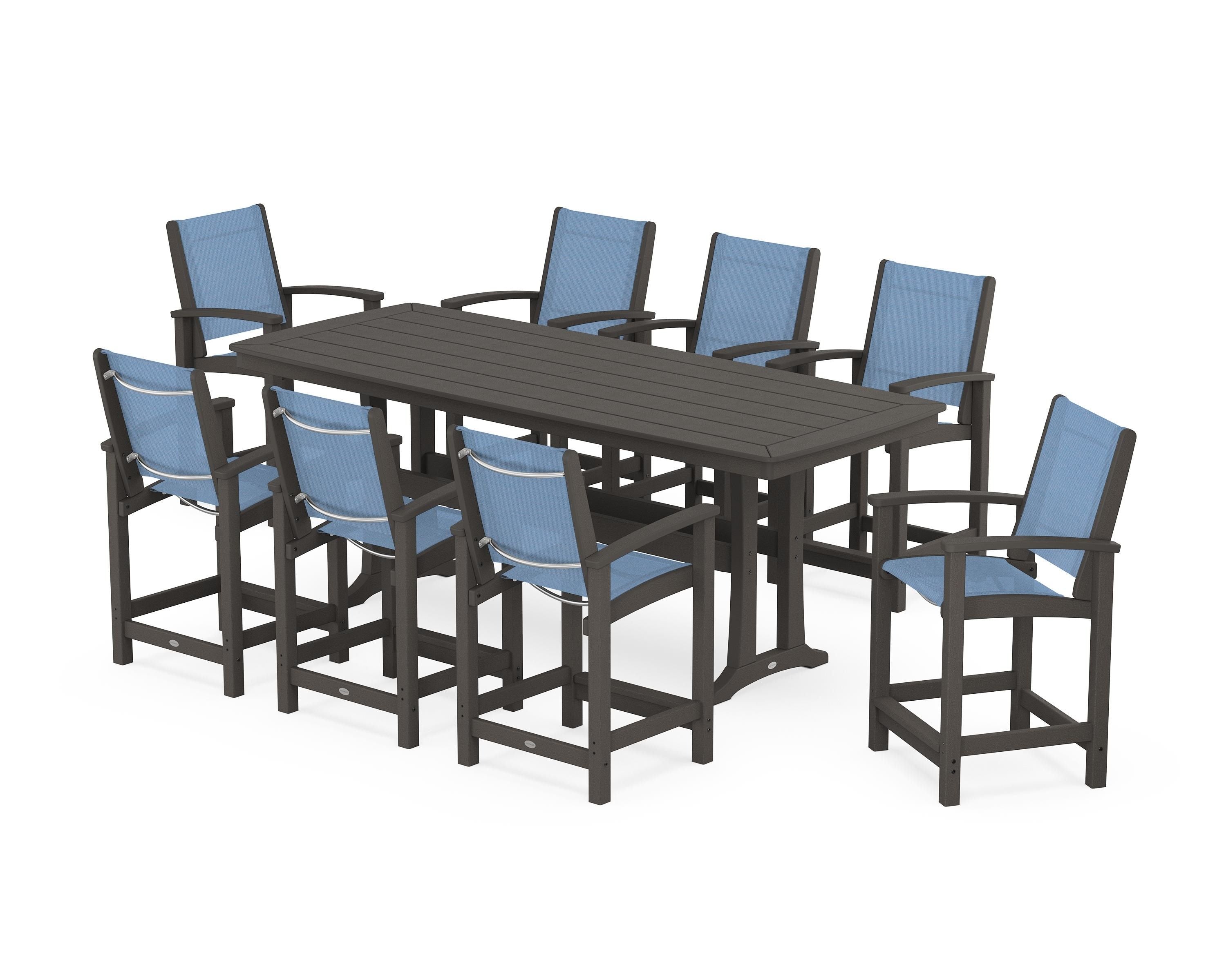 POLYWOOD Coastal 9-Piece Counter Set with Trestle Legs in Vintage Coffee / Poolside Sling