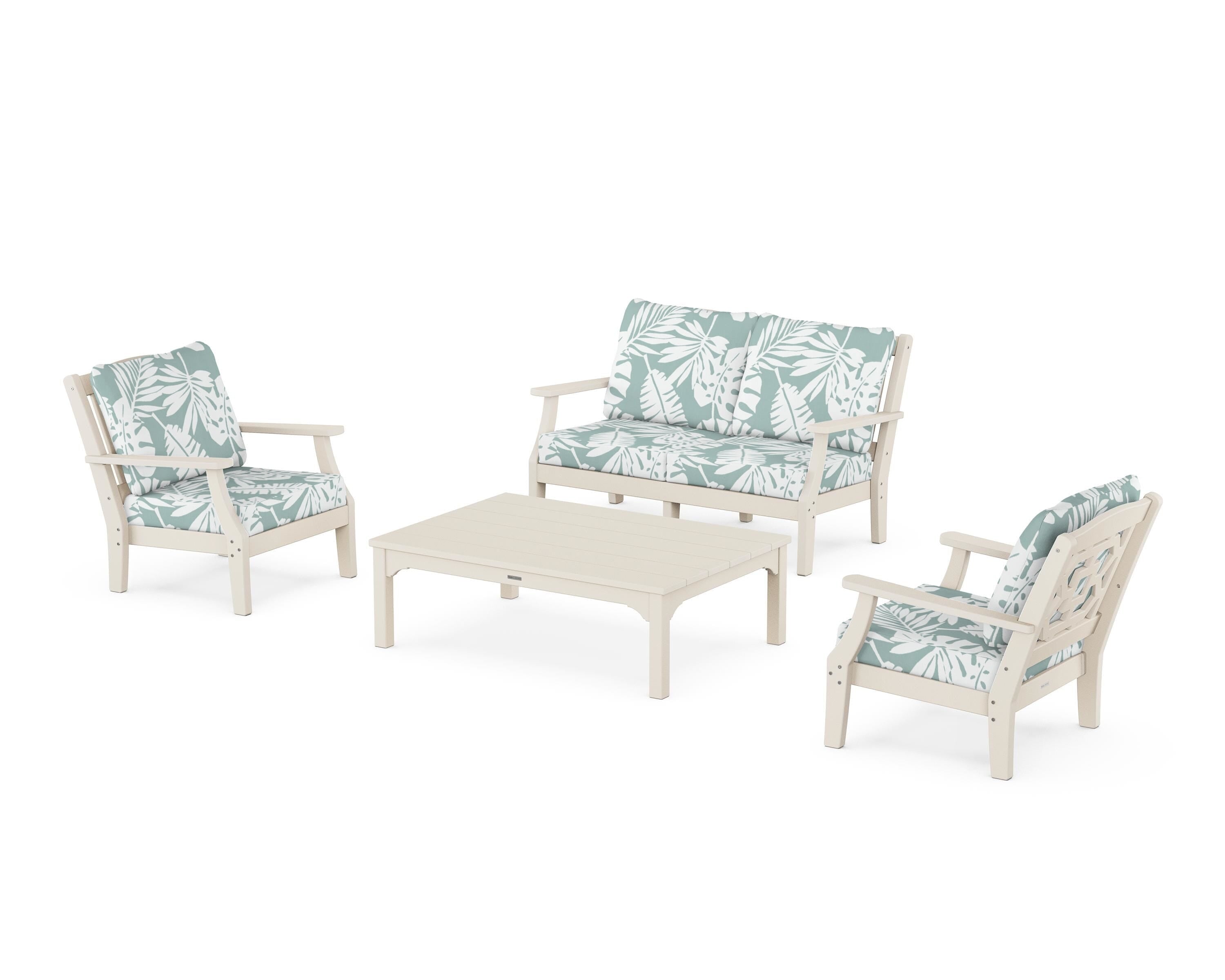 Martha Stewart by POLYWOOD Chinoiserie 4-Piece Deep Seating Set with Loveseat in Sand / Leaf Glacier Spa