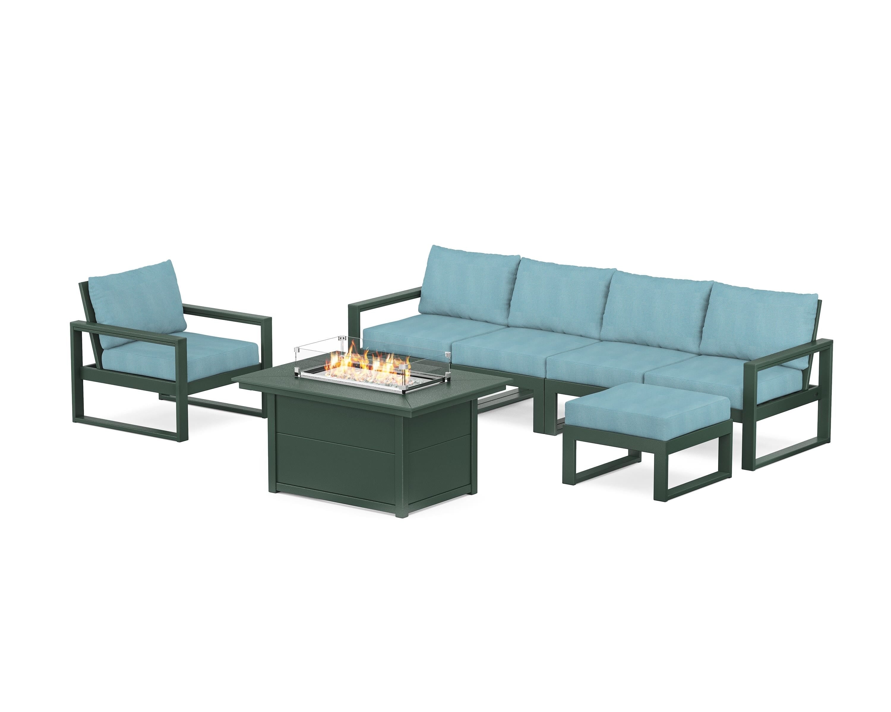 POLYWOOD EDGE Sectional Lounge and Fire Pit Set in Green / Lattice Sky Blue