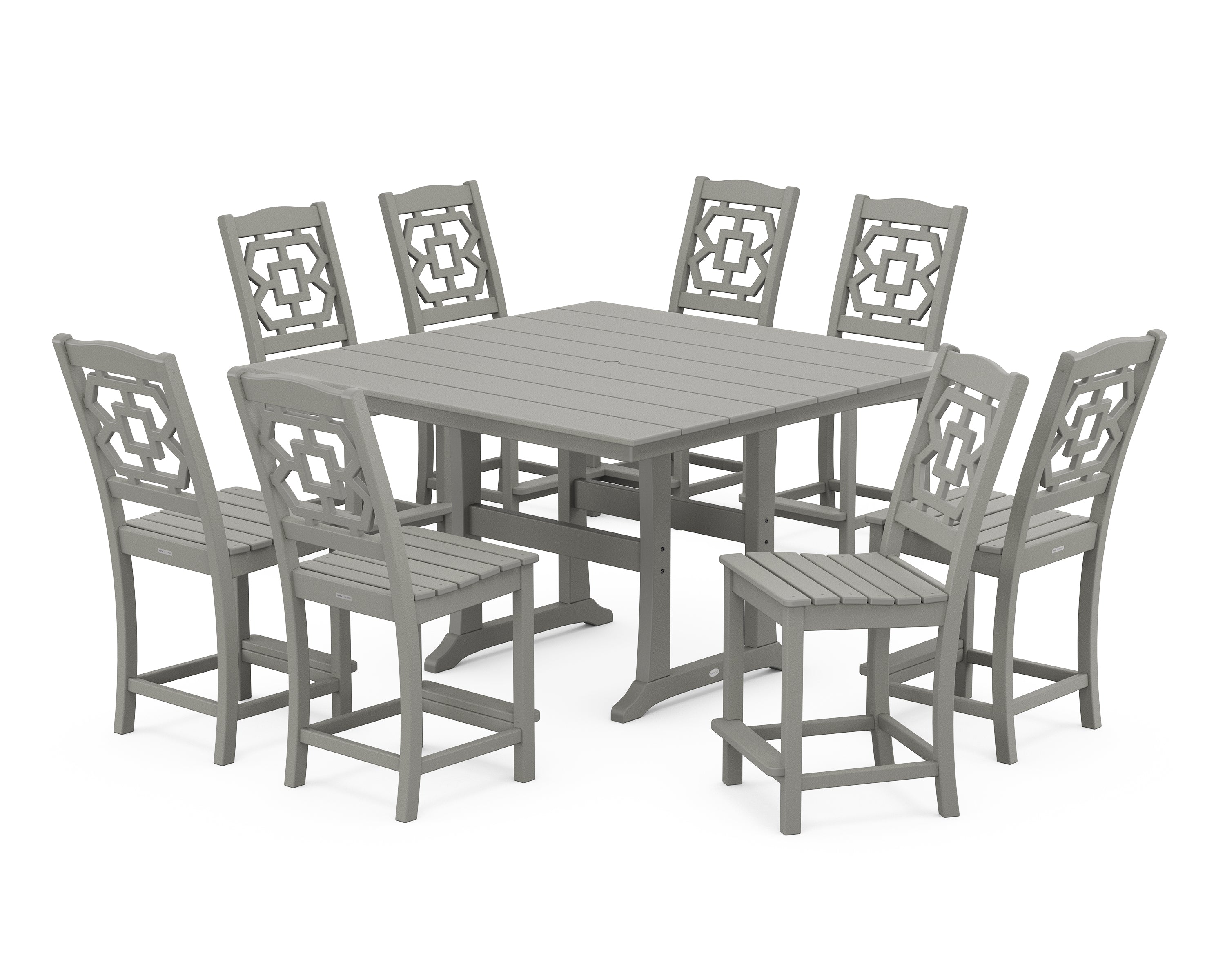 Martha Stewart by POLYWOOD® Chinoiserie 9-Piece Square Farmhouse Side Chair Counter Set with Trestle Legs in Slate Grey