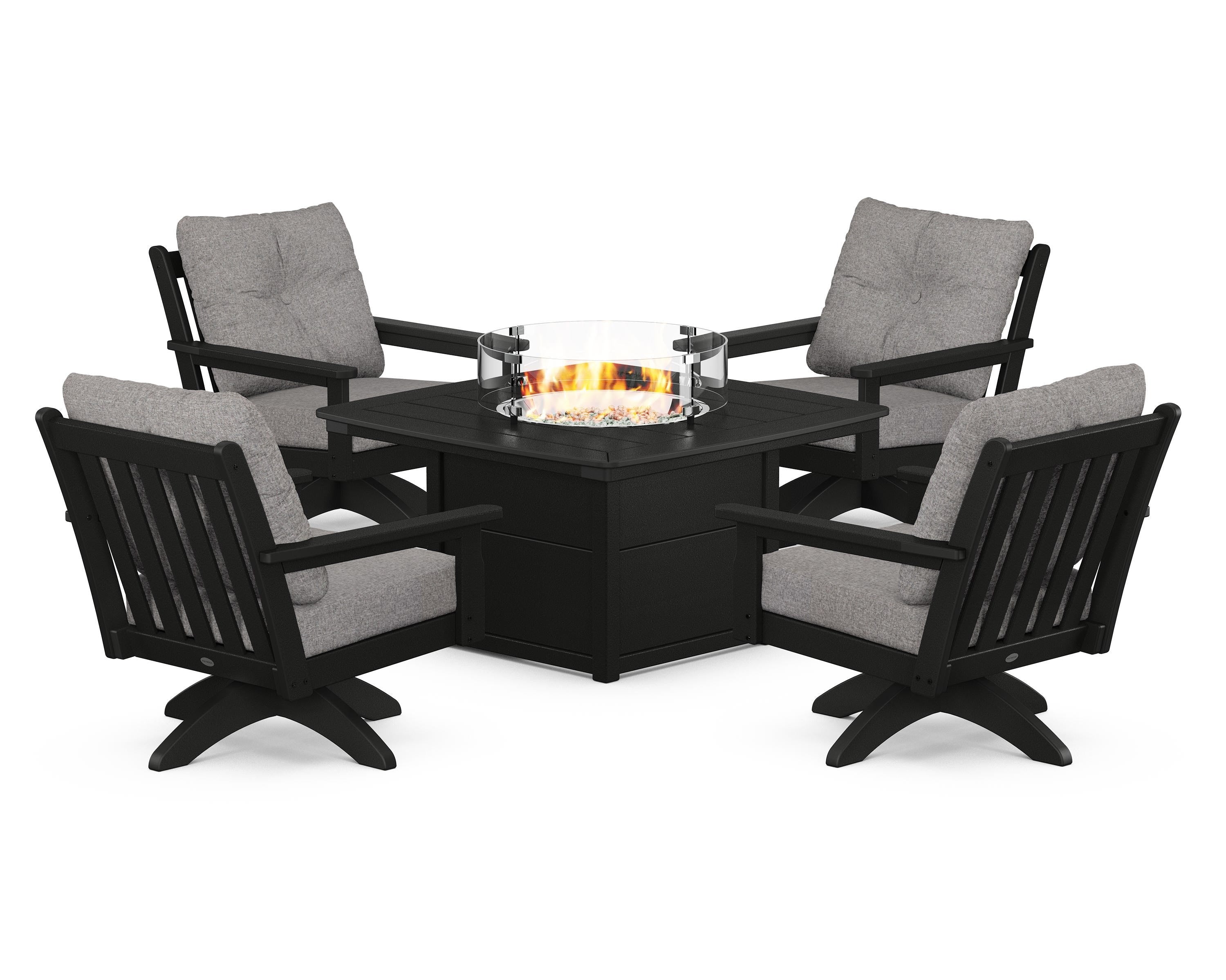 POLYWOOD Vineyard 5-Piece Deep Seating Swivel Conversation Set with Fire Pit Table in Black / Grey Mist