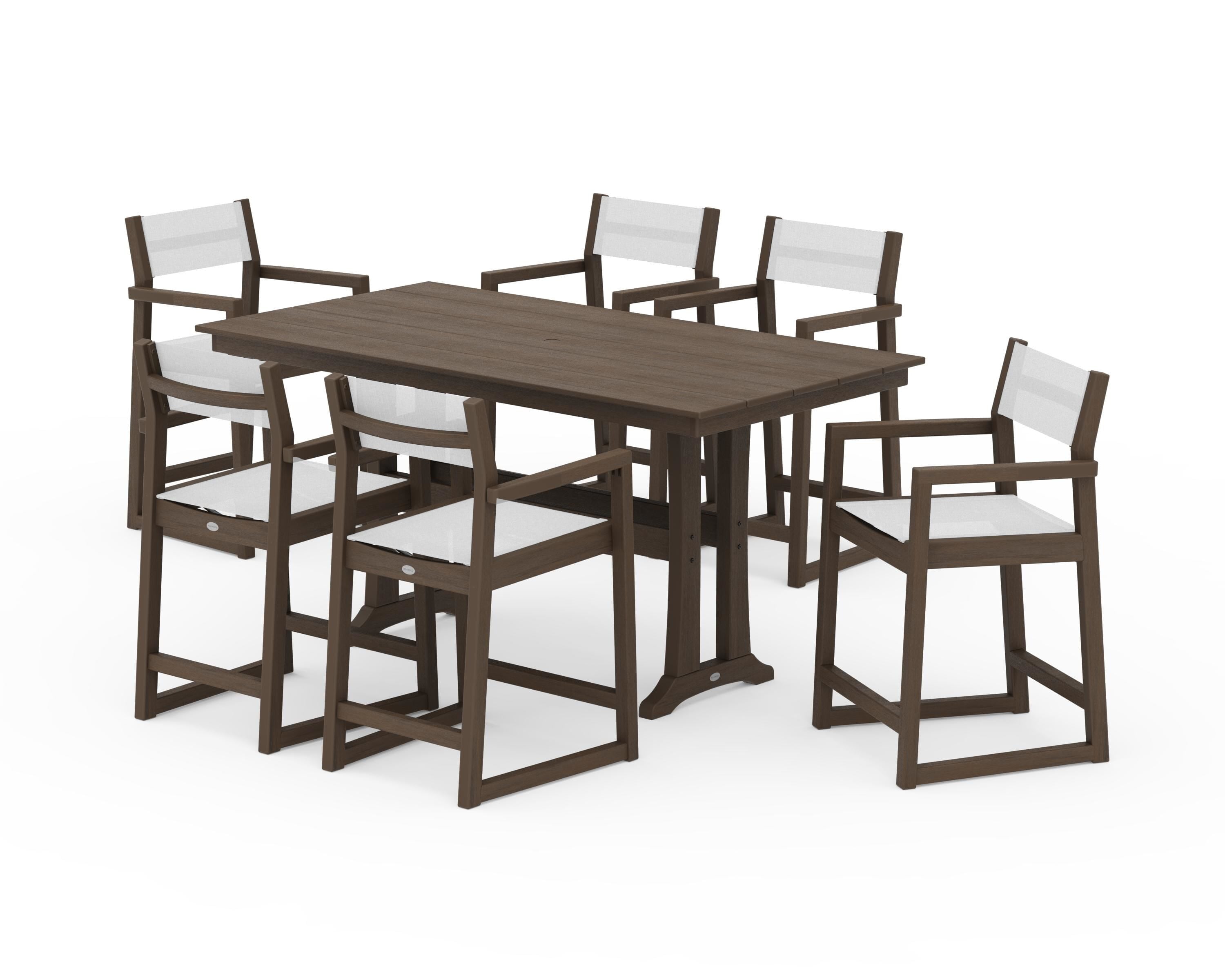 POLYWOOD EDGE Sling Arm Chair 7-Piece Farmhouse Counter Set with Trestle Legs in Kona / White Sling
