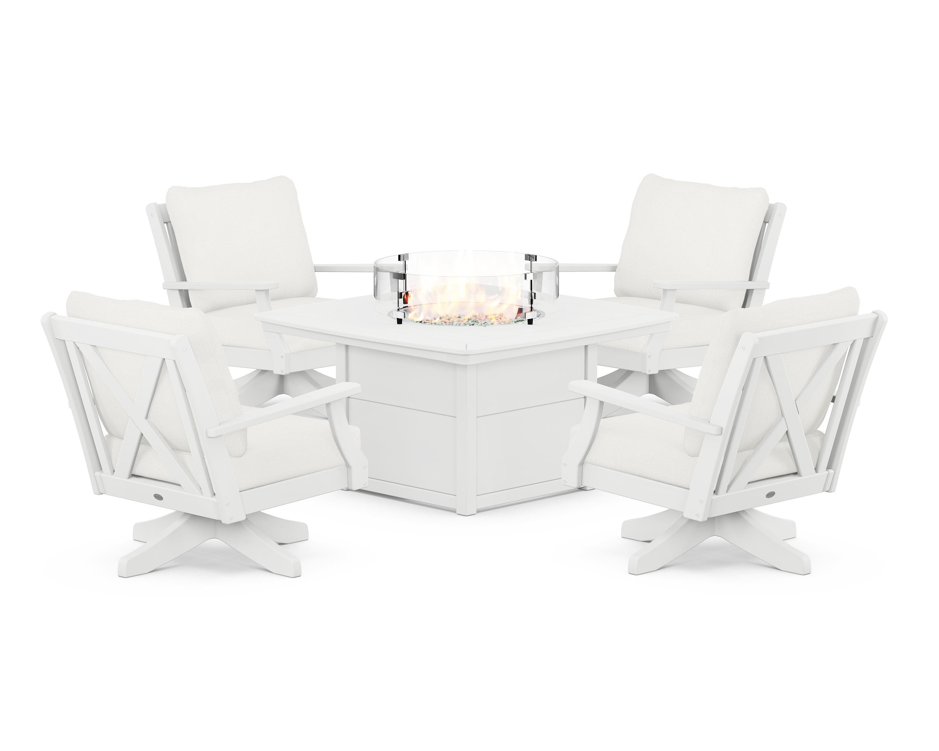 POLYWOOD Braxton 5-Piece Deep Seating Swivel Conversation Set with Fire Pit Table in White / Natural Linen