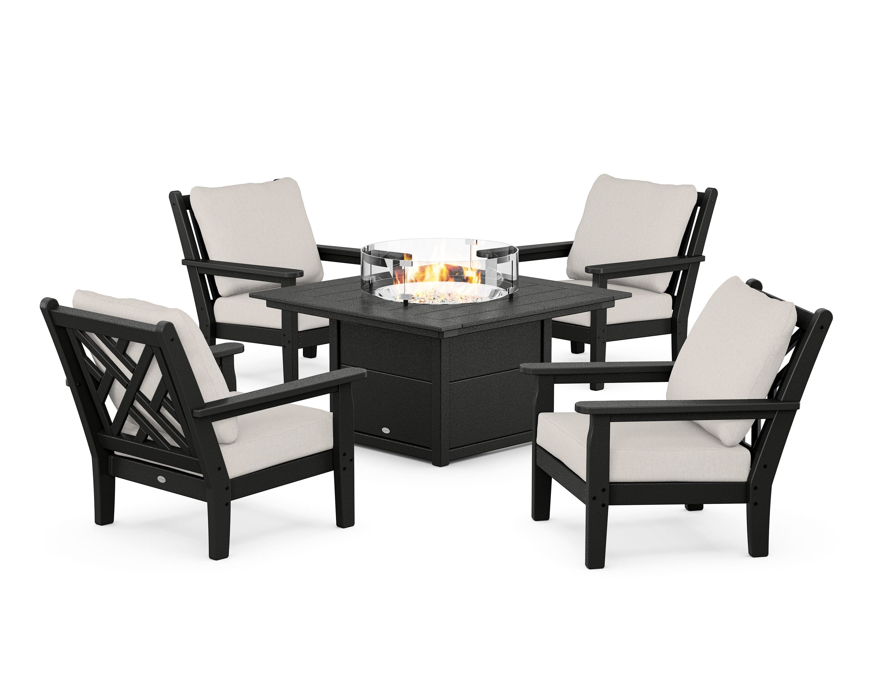 POLYWOOD Chippendale 5-Piece Deep Seating Set with Fire Pit Table in Black / Cast Ash