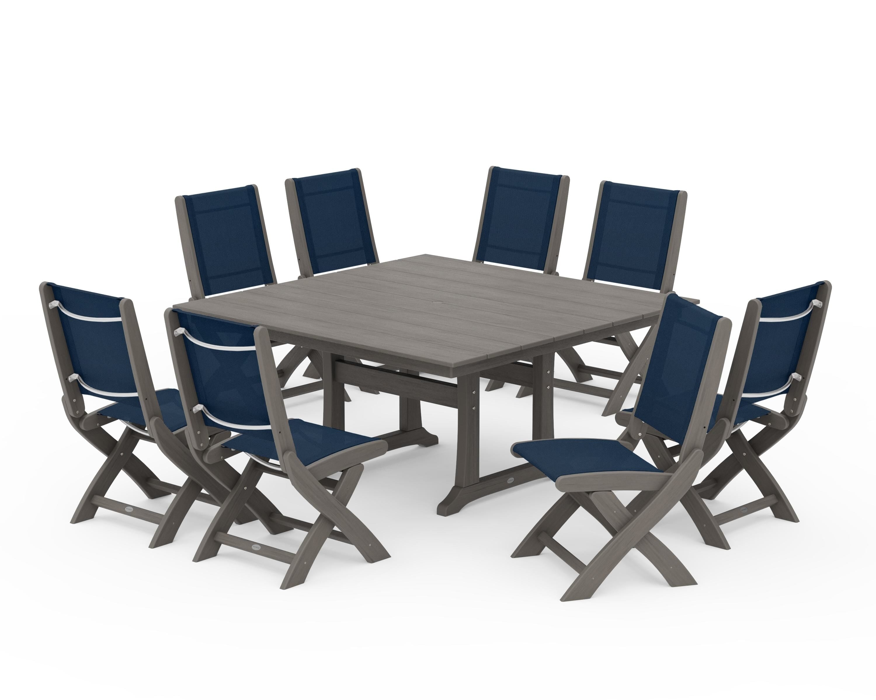 POLYWOOD Coastal Folding Side Chair 9-Piece Farmhouse Dining Set in Driftwood / Navy Blue Sling