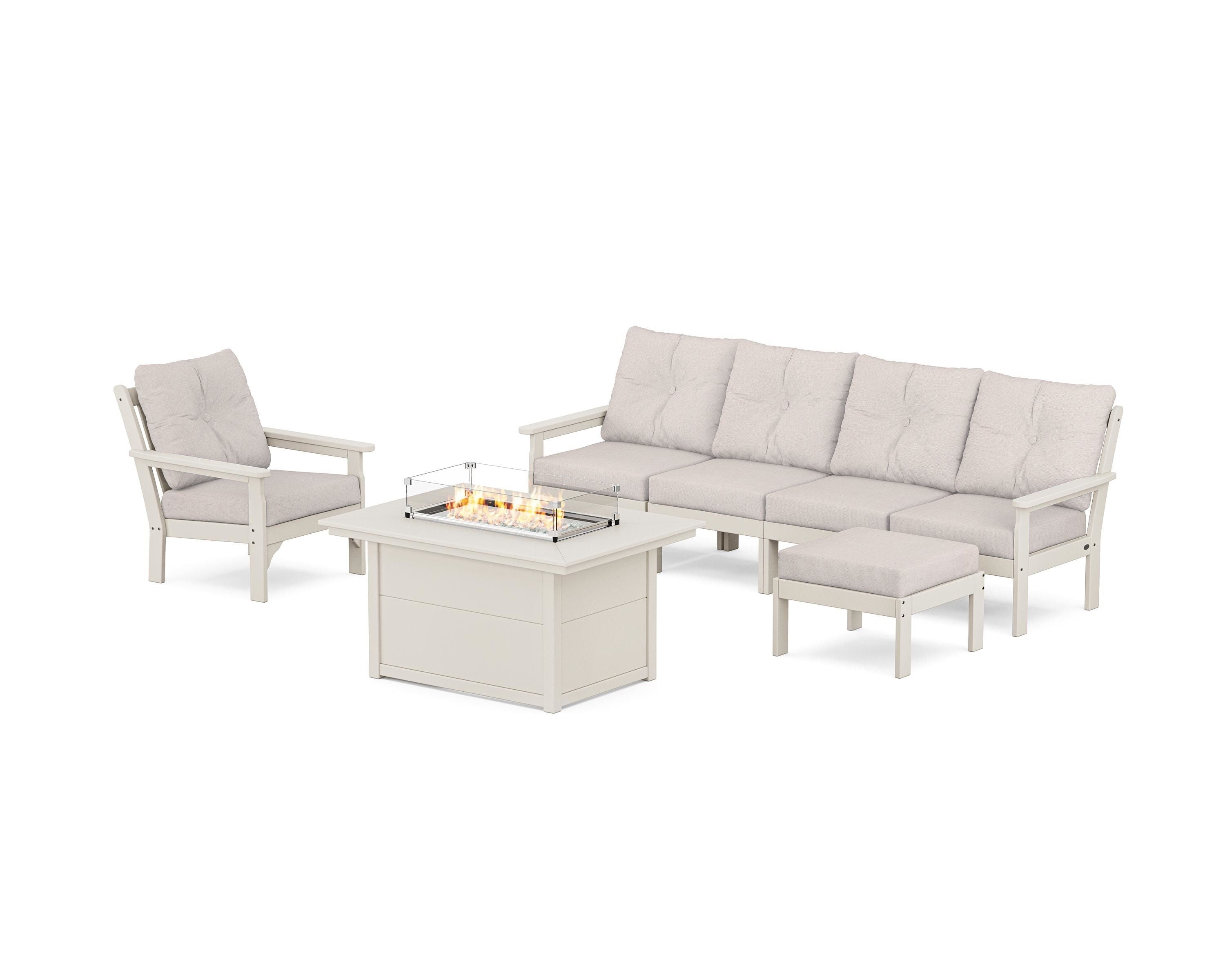 POLYWOOD Vineyard Sectional Lounge and Fire Pit Set in Sand / Dune Burlap