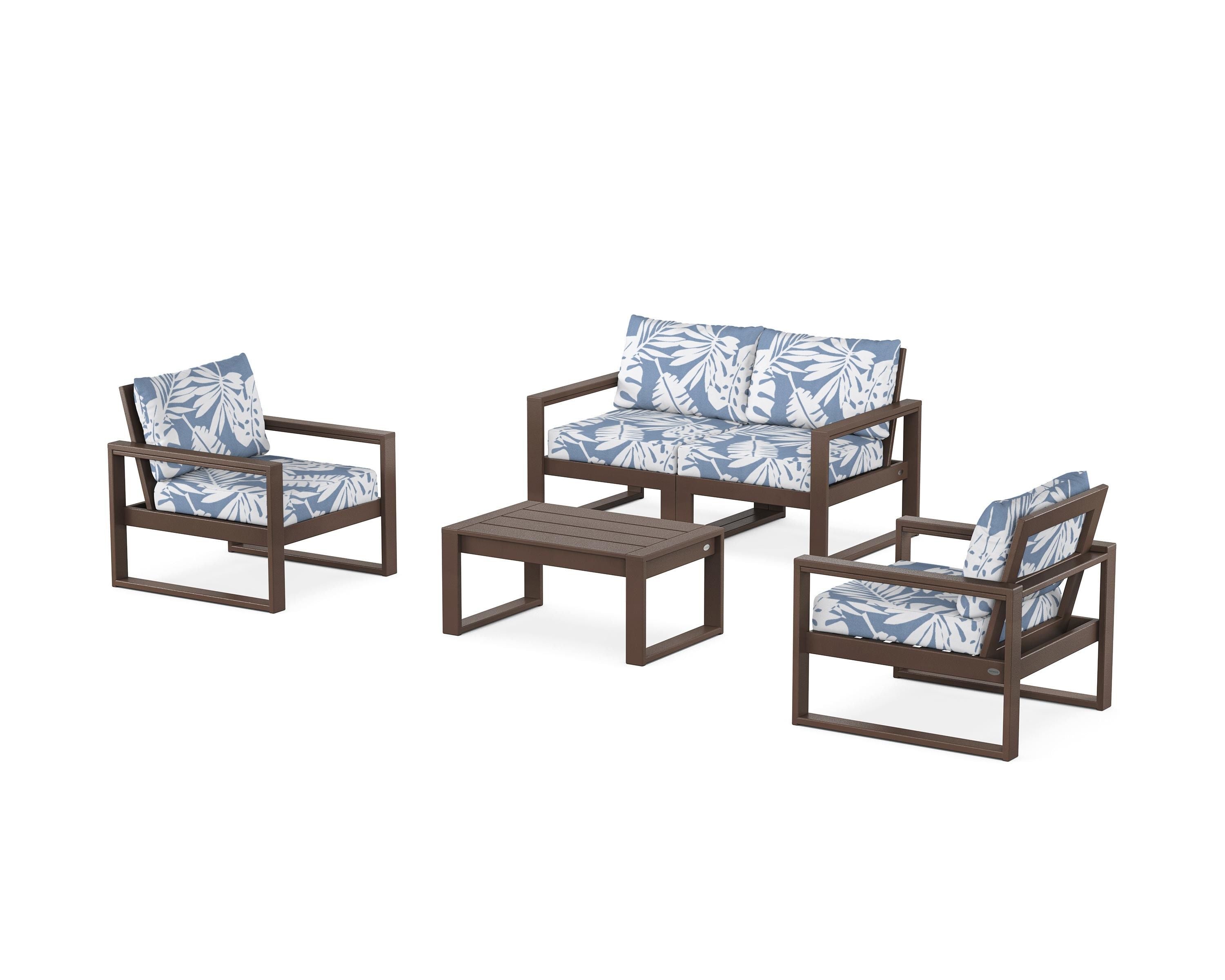 POLYWOOD EDGE Sectional 4-Piece Deep Seating Set with Loveseat in Mahogany / Leaf Sky Blue