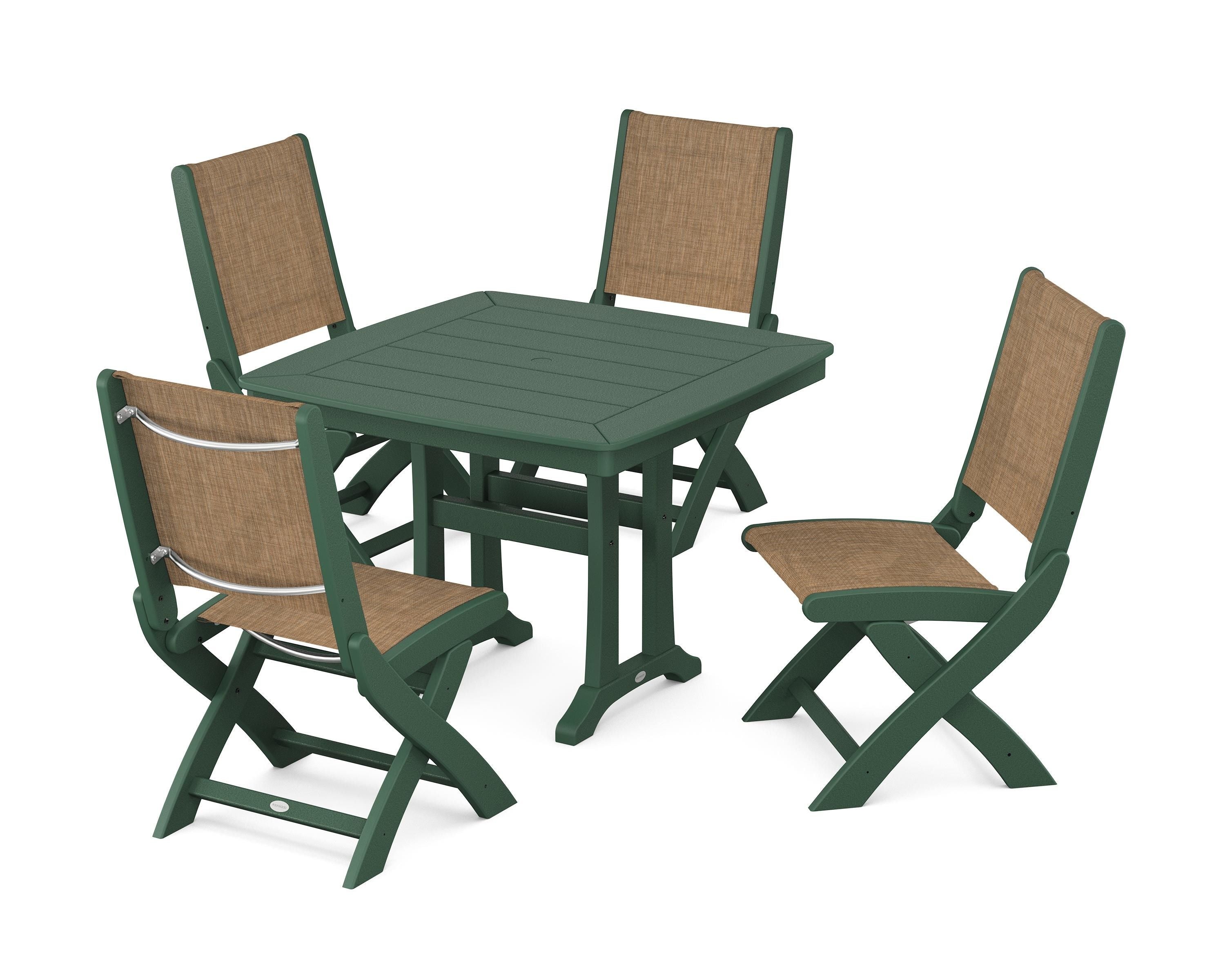 POLYWOOD Coastal Folding Side Chair 5-Piece Dining Set with Trestle Legs in Green / Burlap Sling