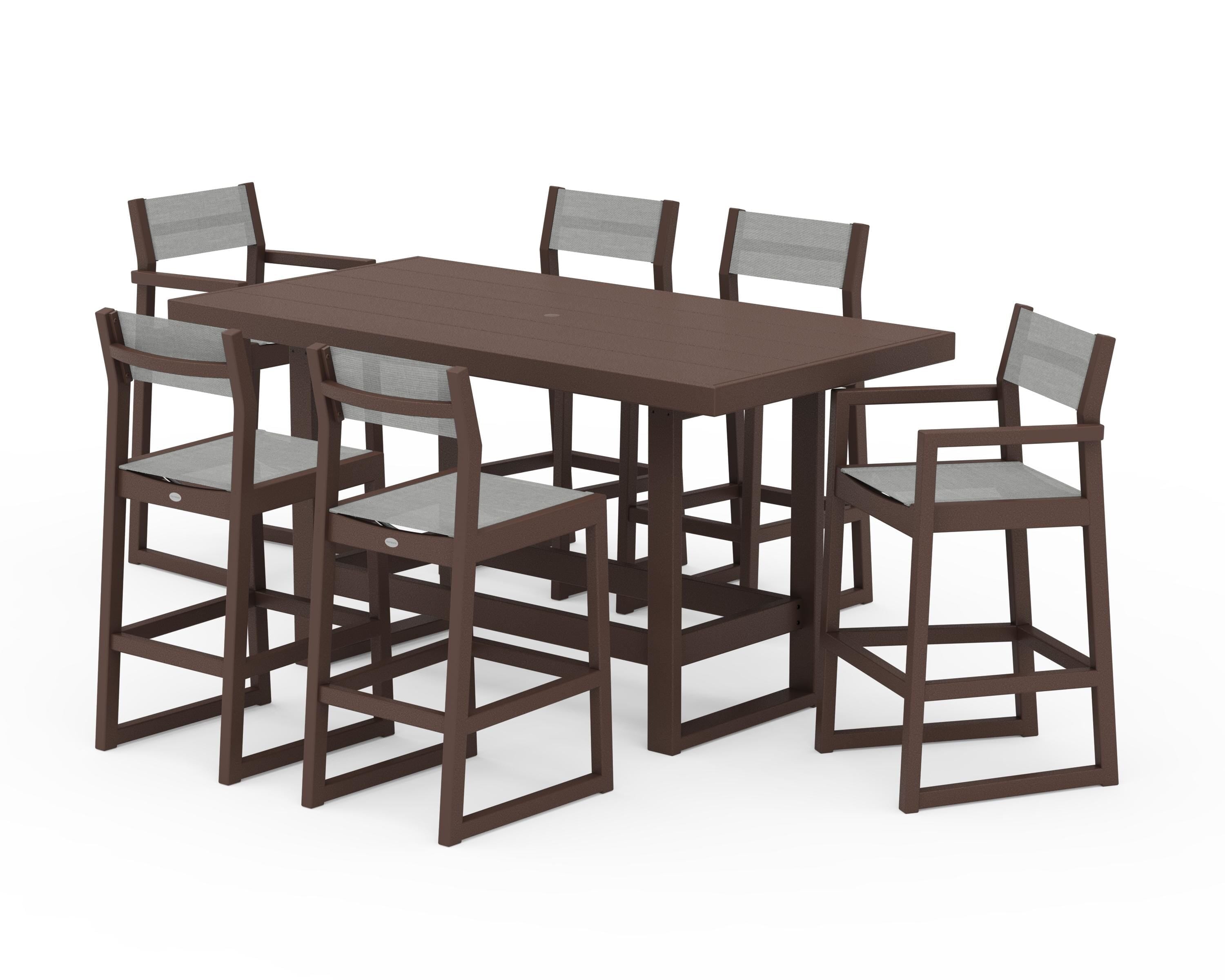 POLYWOOD EDGE Sling 7-Piece Bar Table Set in Mahogany / Metallic Sling