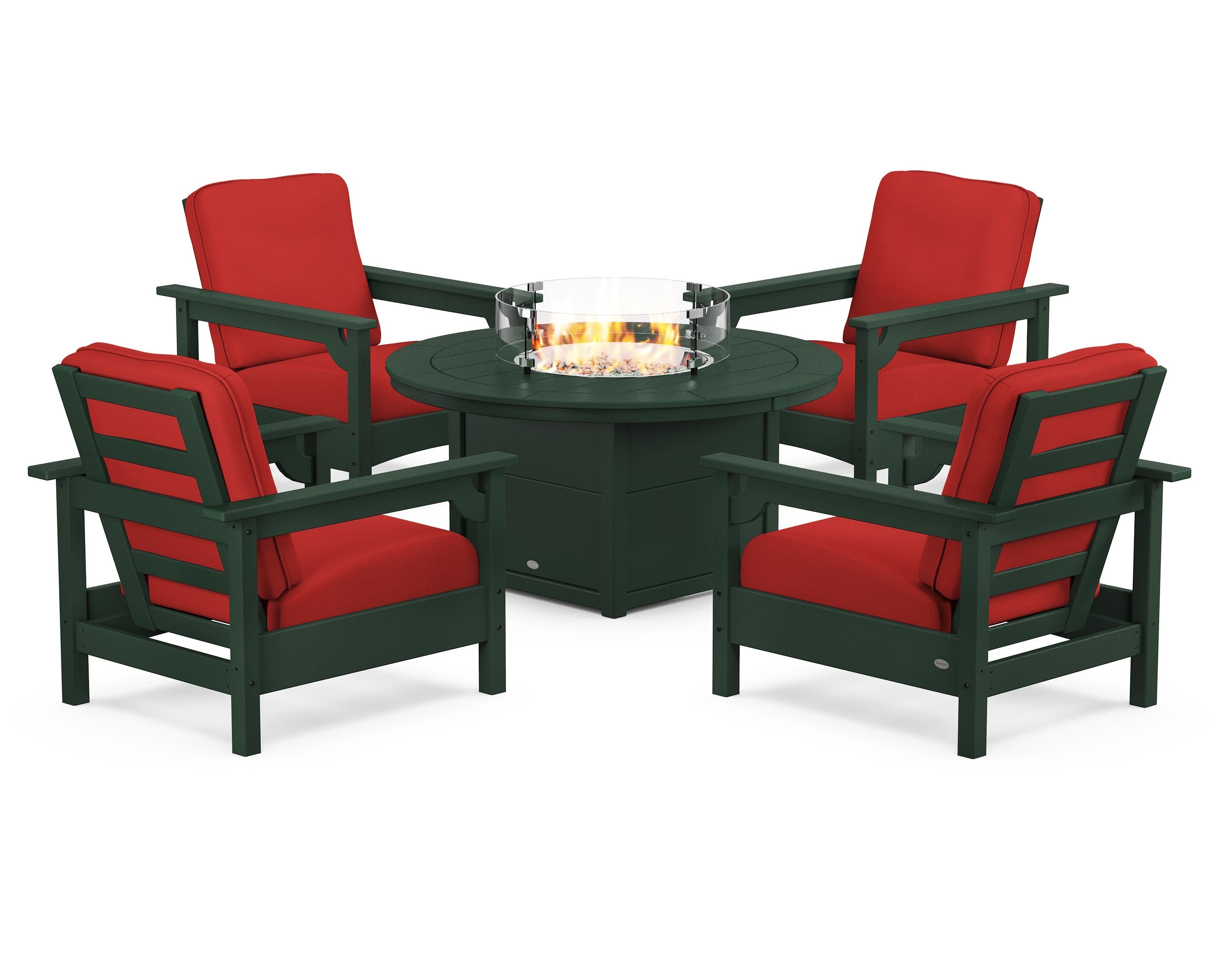 POLYWOOD Club 5-Piece Conversation Set with Fire Pit Table in Green / Crimson Linen