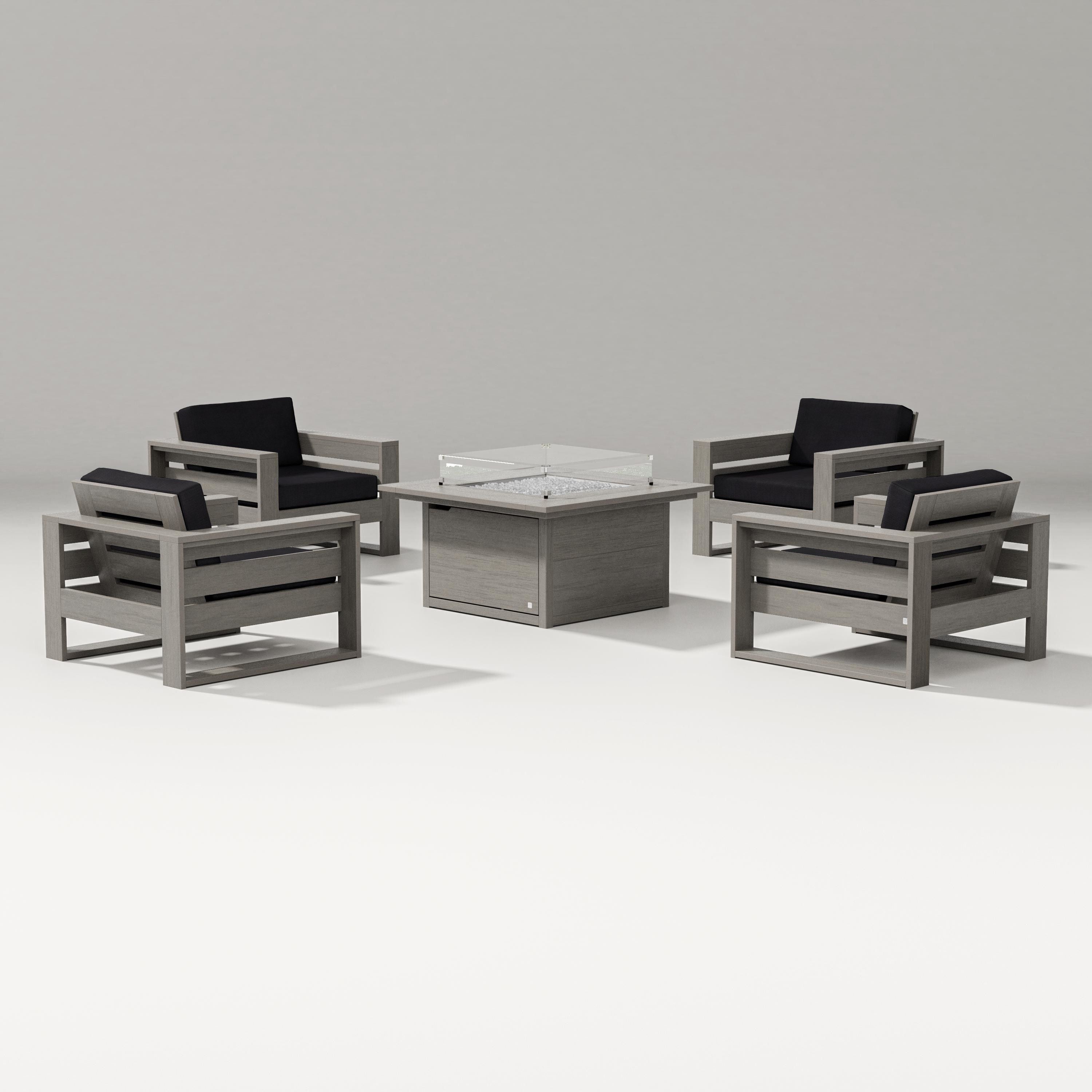 PW Designer Series Latitude 5-Piece Lounge Fire Table Set in Driftwood / Midnight Linen