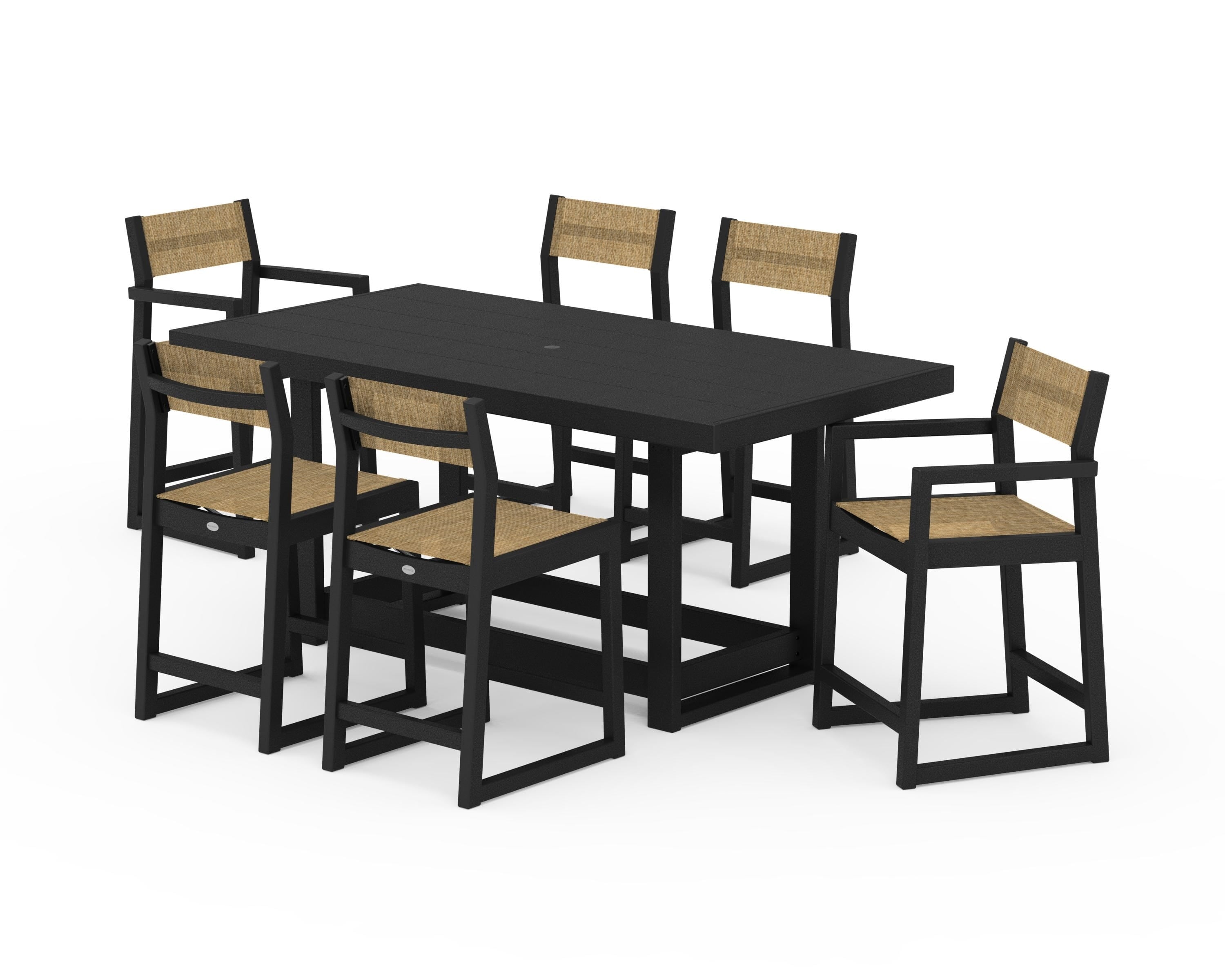 POLYWOOD EDGE Sling 7-Piece Counter Table Set in Black / Burlap Sling