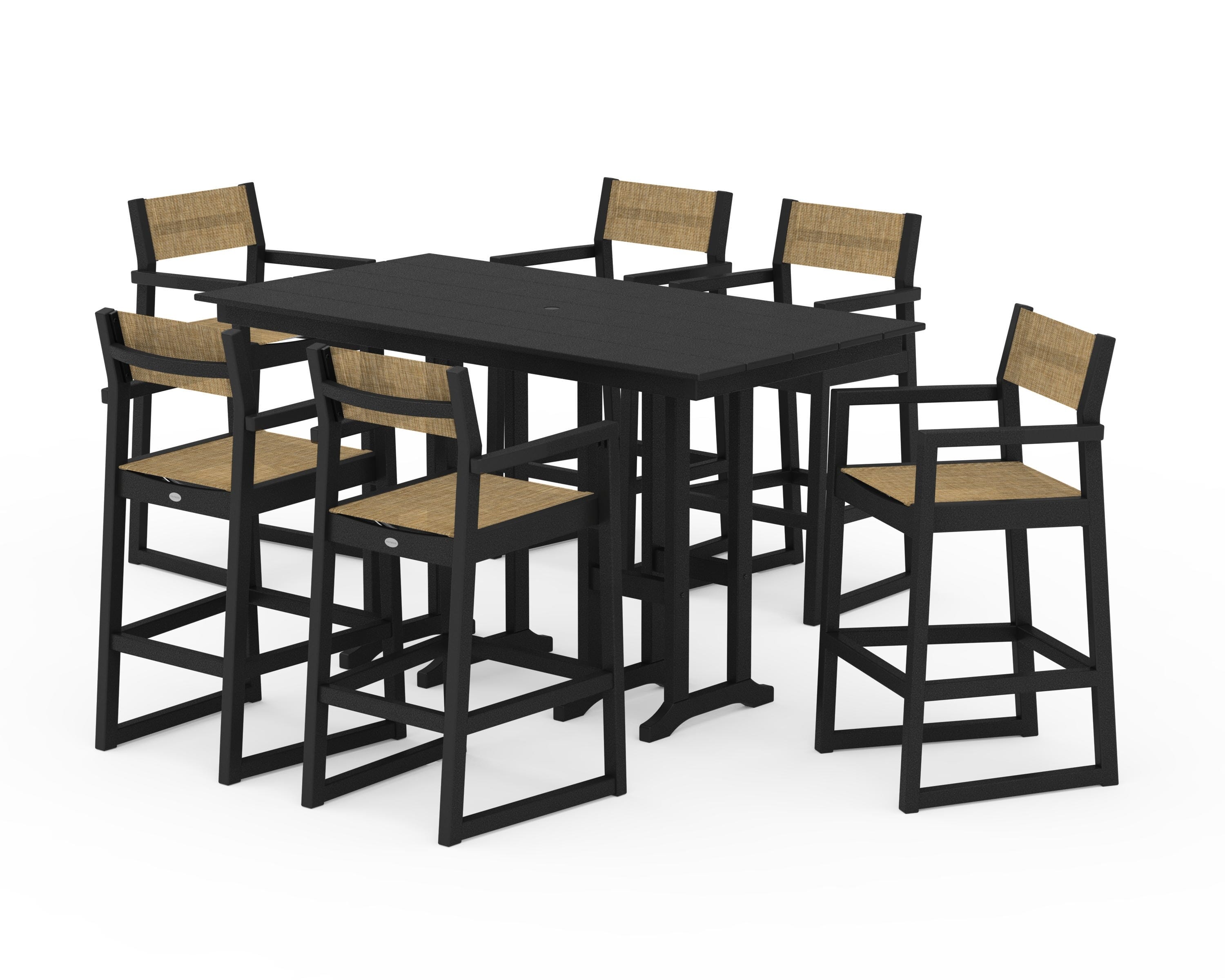 POLYWOOD EDGE Sling Arm Chair 7-Piece Farmhouse Bar Set in Black / Burlap Sling