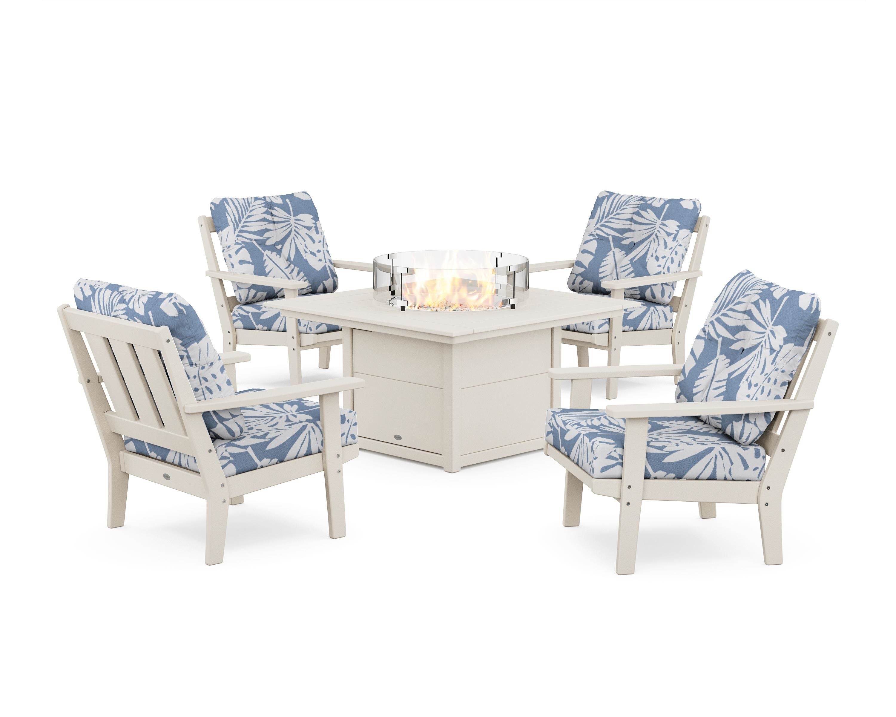 POLYWOOD Oxford 5-Piece Deep Seating Set with Fire Pit Table in Sand / Leaf Sky Blue
