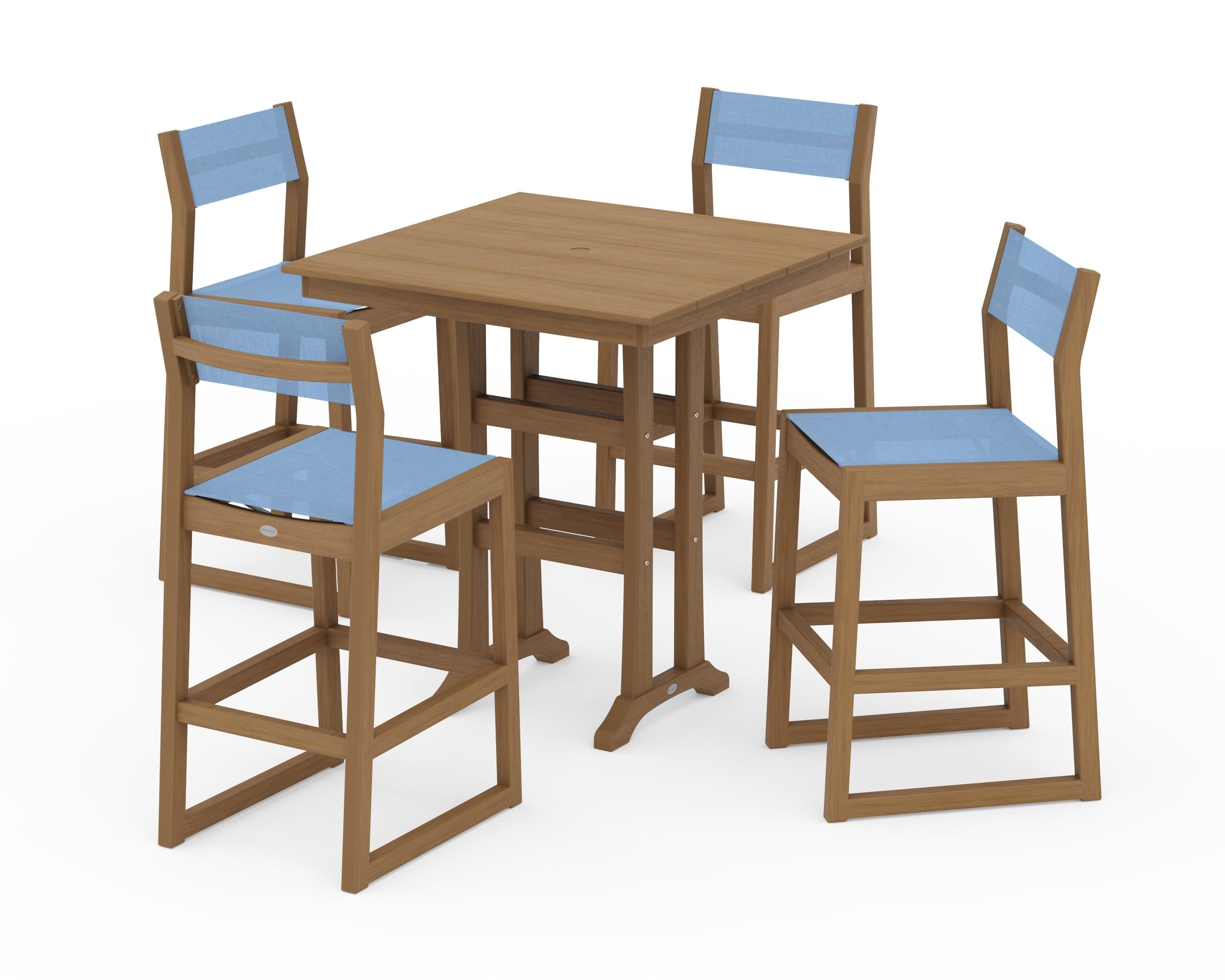 POLYWOOD EDGE Sling Arm Chair 5-Piece Farmhouse Bar Set with Trestle Legs in Natural / Poolside Sling