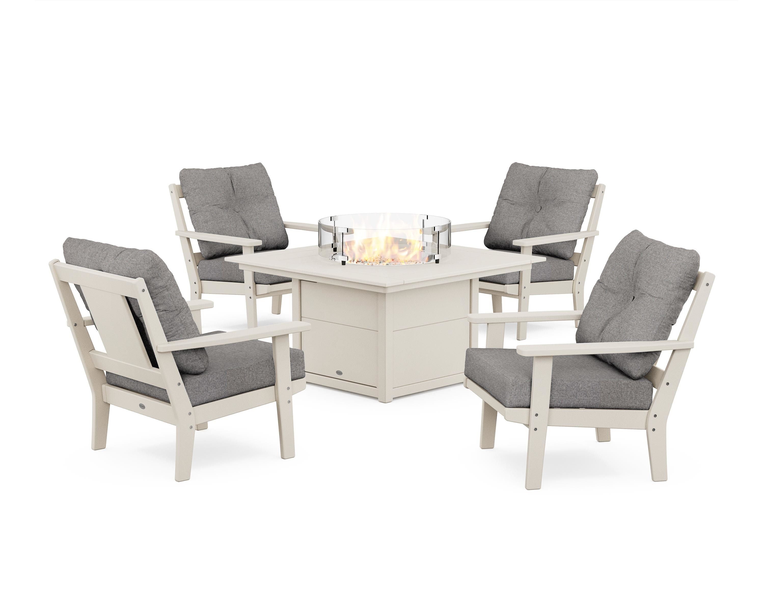 POLYWOOD Prairie 5-Piece Deep Seating Set with Fire Pit Table in Sand / Grey Mist