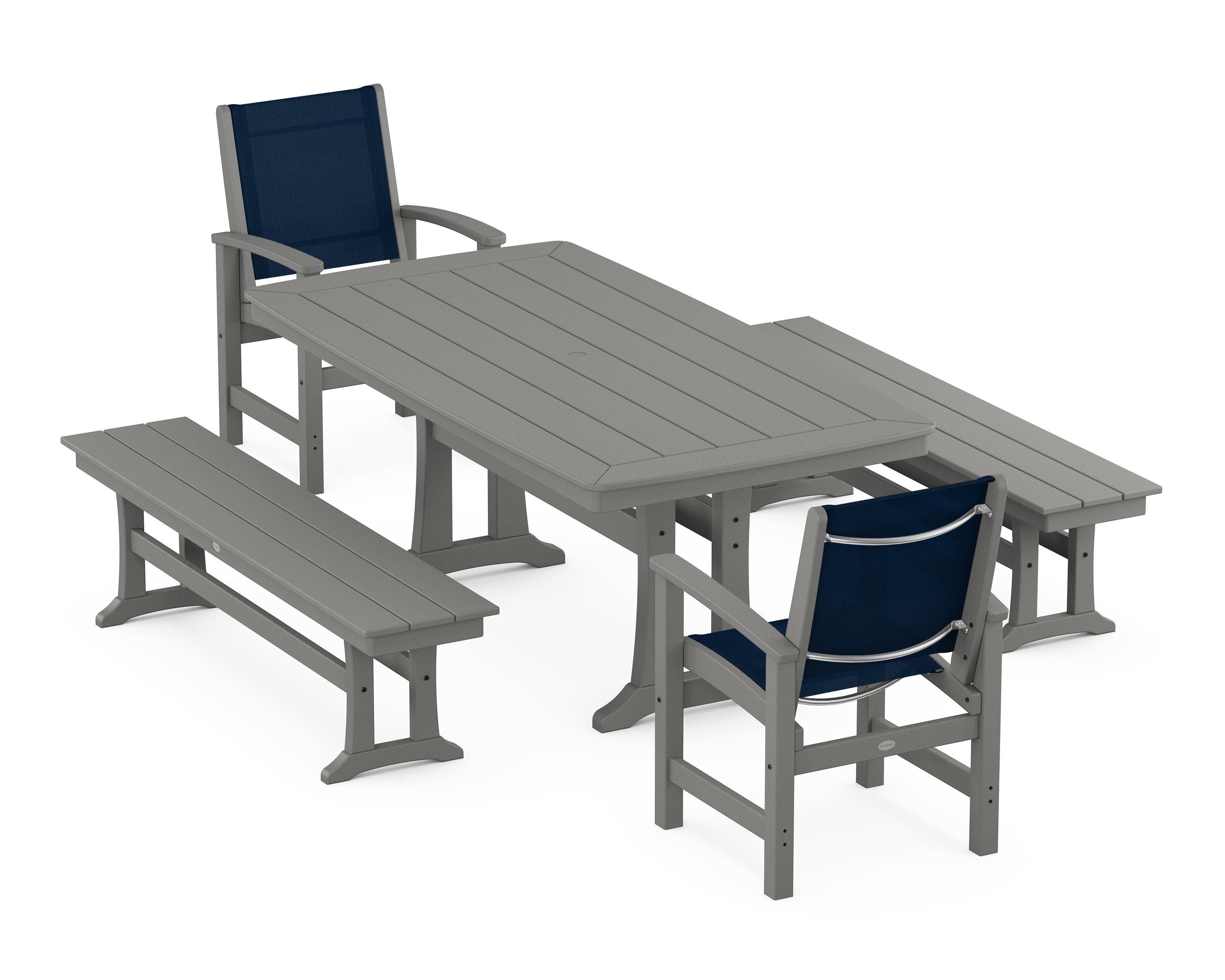 POLYWOOD Coastal 5-Piece Dining Set with Trestle Legs and Benches in Slate Grey / Navy Blue Sling