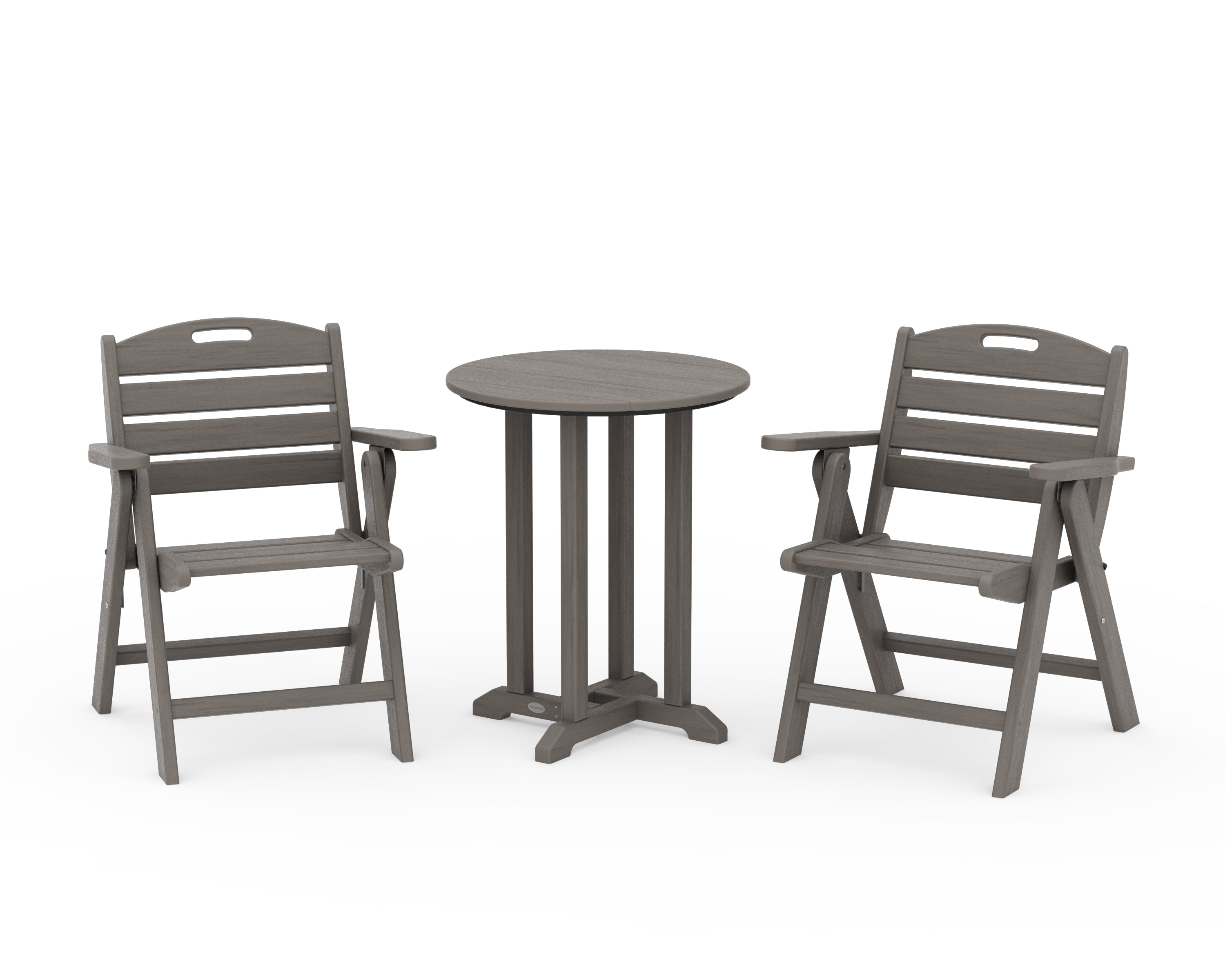 POLYWOOD Nautical Folding Lowback Chair 3-Piece Round Bistro Dining Set in Driftwood