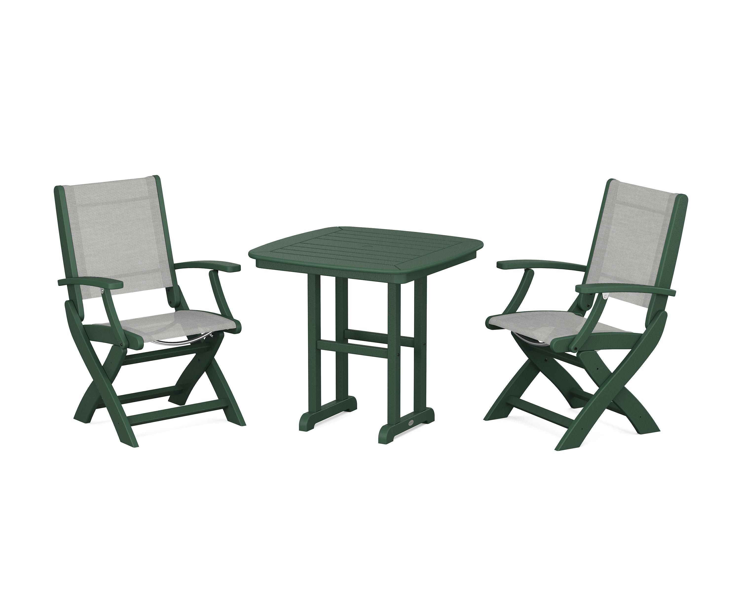 POLYWOOD Coastal Folding Chair 3-Piece Dining Set in Green / Metallic Sling