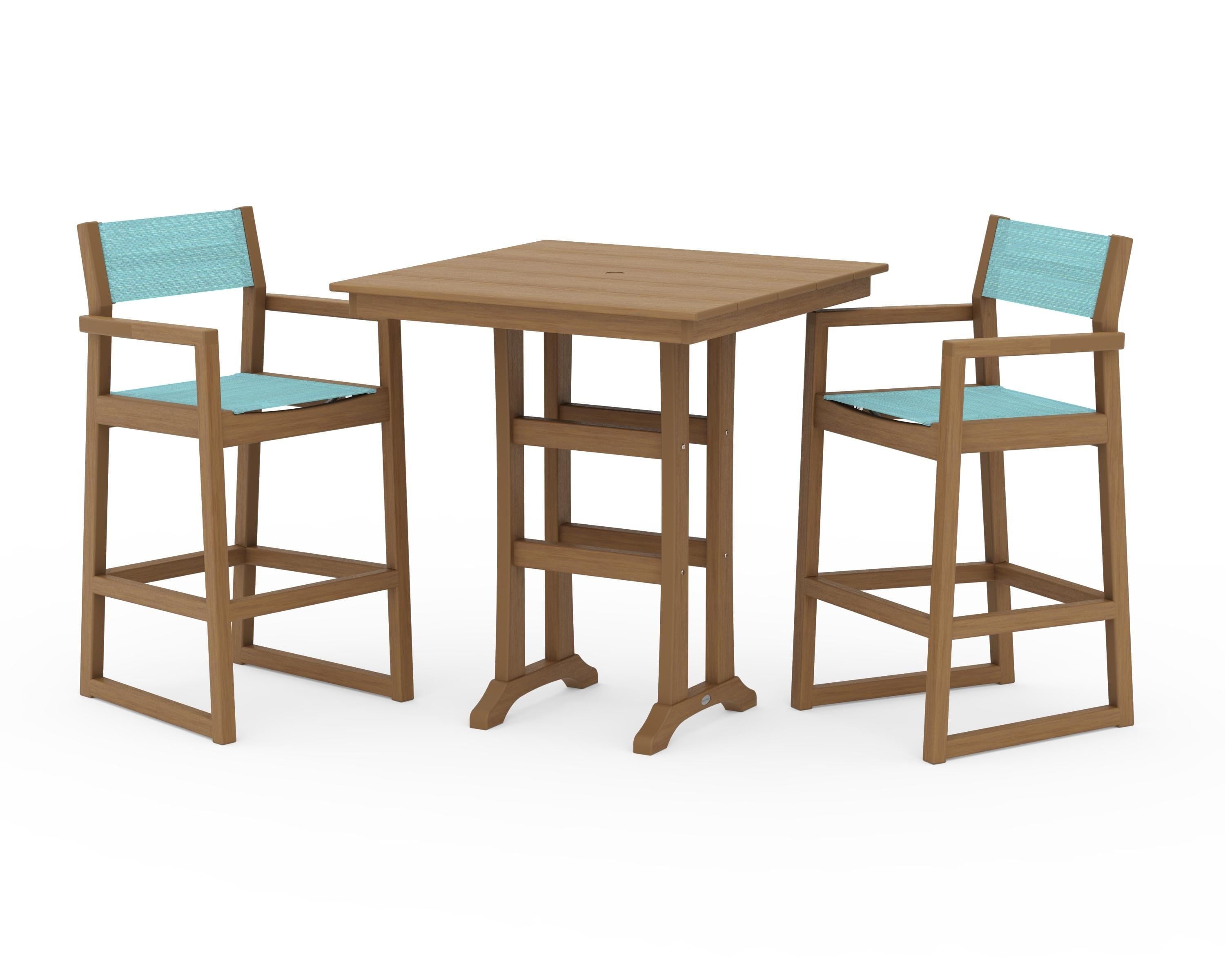 POLYWOOD EDGE Sling Arm Chair 3-Piece Farmhouse Bar Set with Trestle Legs in Natural / Dupioni Aquamarine Sling