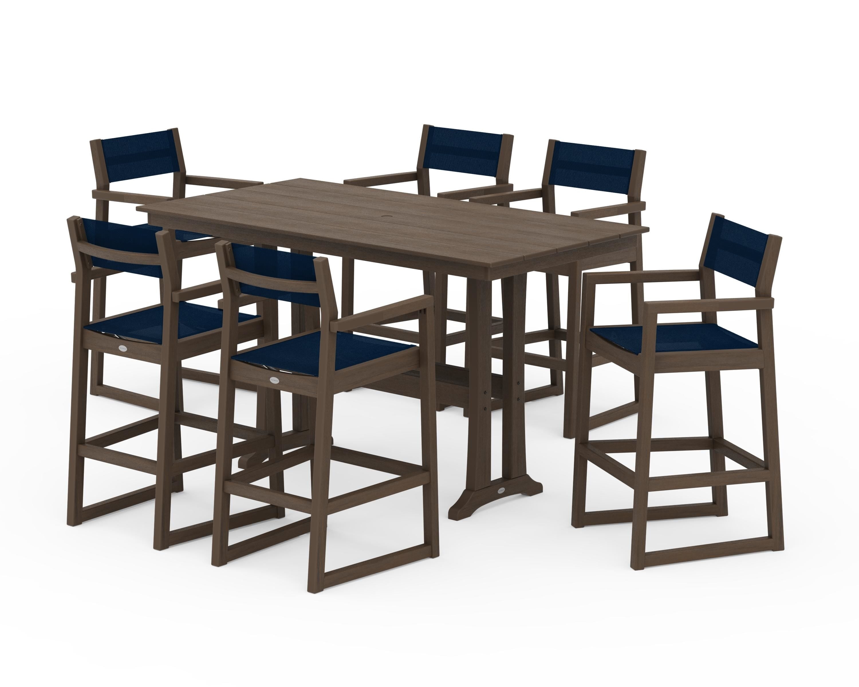 POLYWOOD EDGE Sling Arm Chair 7-Piece Farmhouse Bar Set with Trestle Legs in Kona / Navy Blue Sling