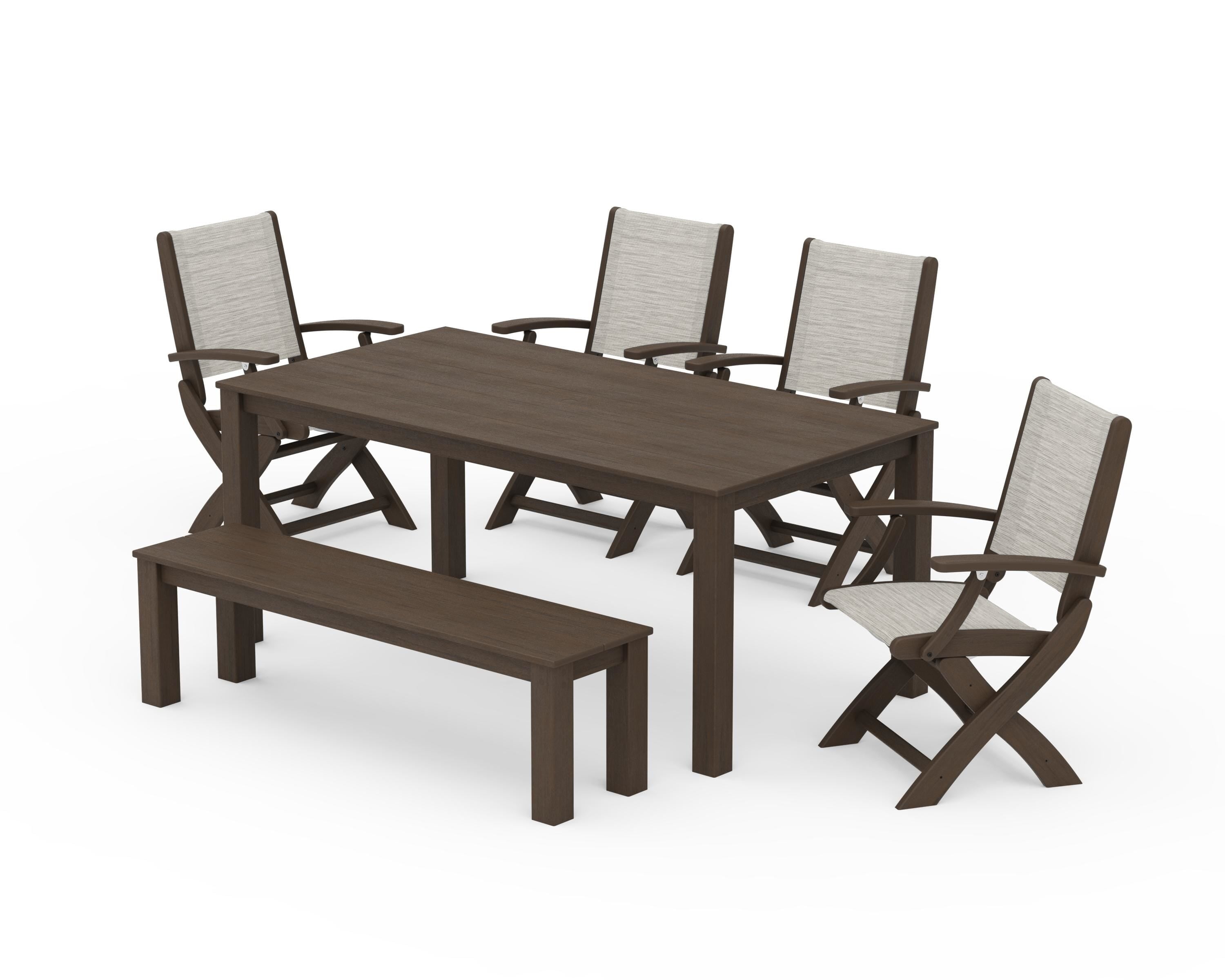 POLYWOOD Coastal Folding Chair 6-Piece Parsons Dining Set with Bench in Kona / Birch Sling