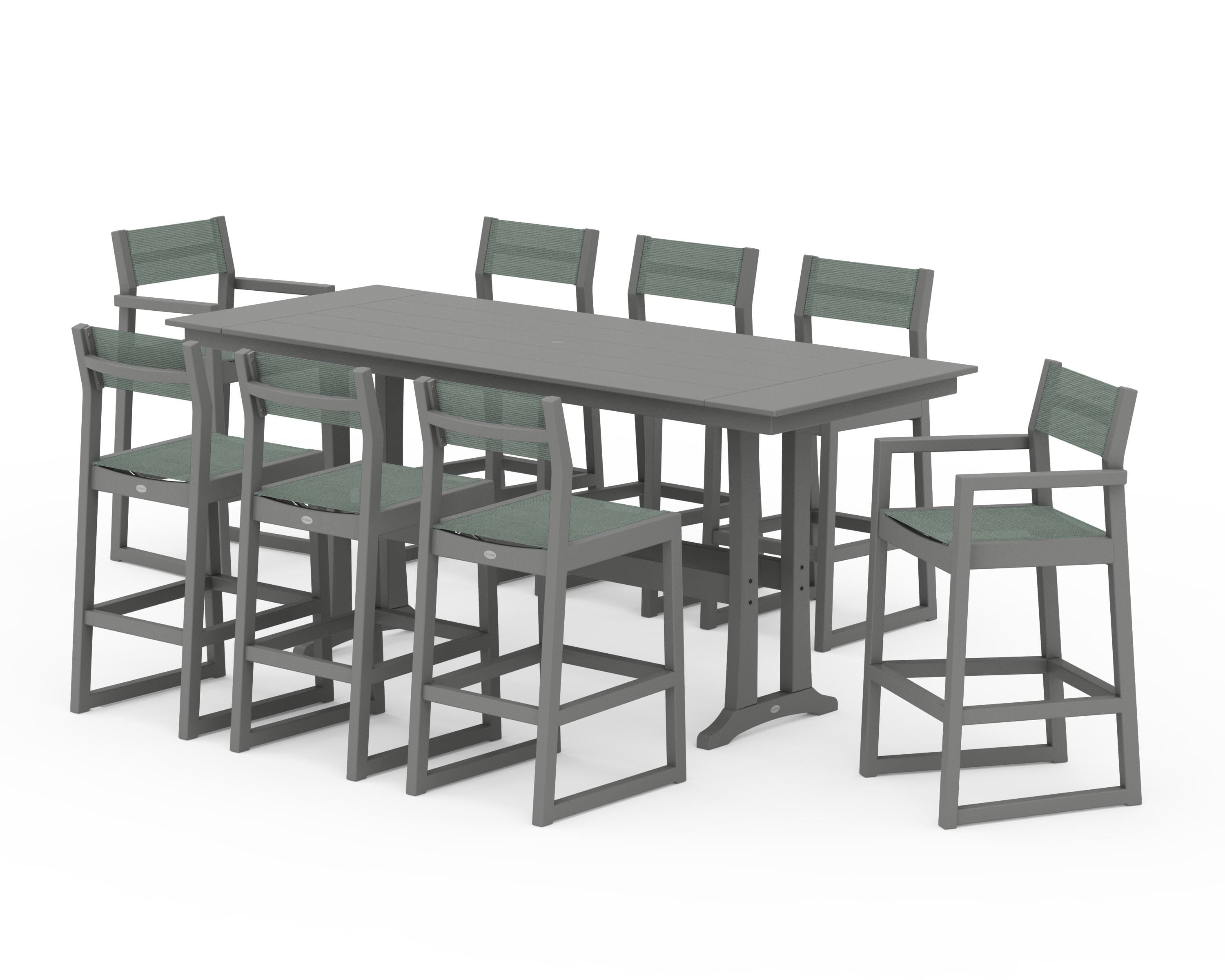 POLYWOOD EDGE Sling 9-Piece Farmhouse Bar Set with Trestle Legs in Slate Grey / Dupioni Sea Mist Sling