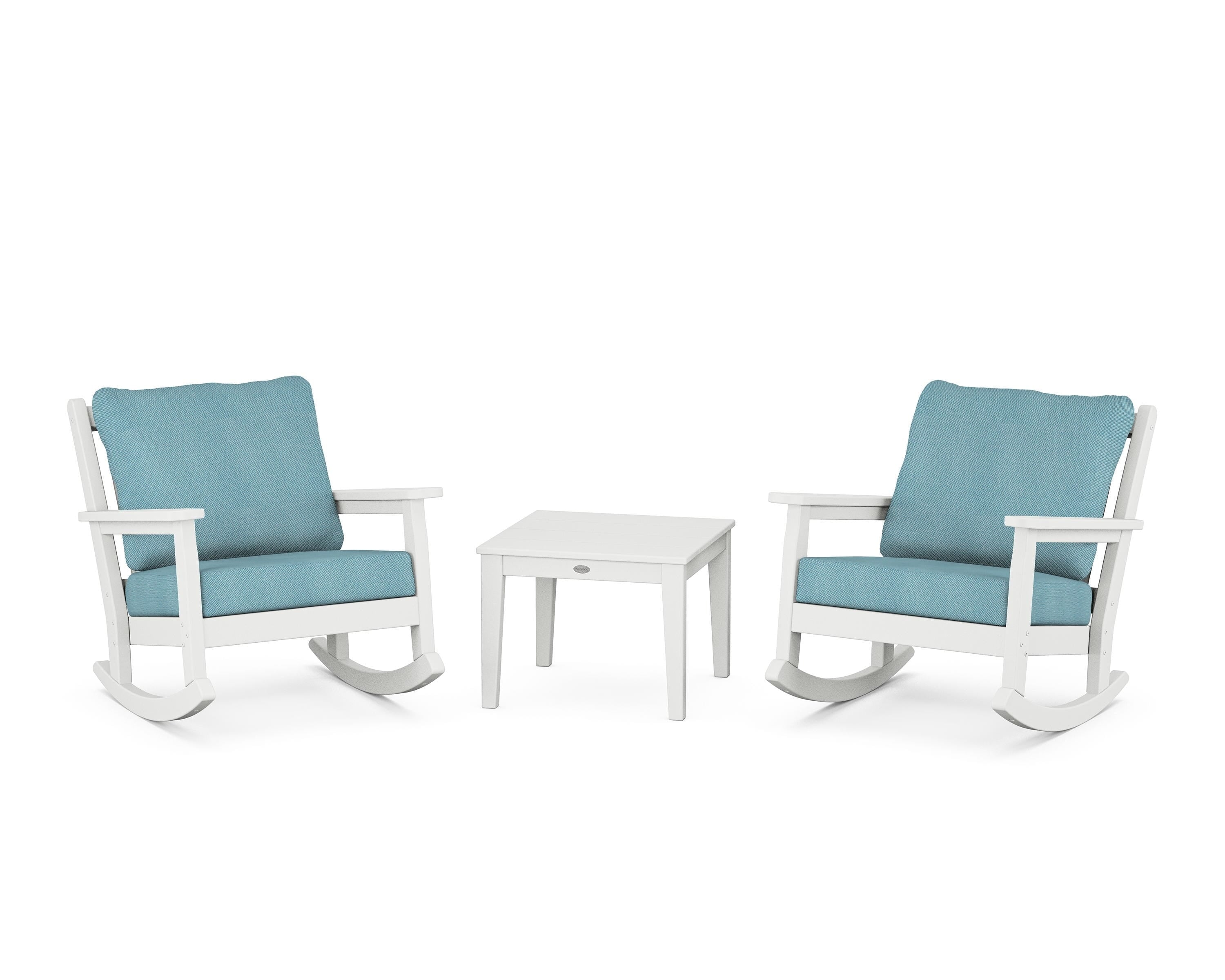 POLYWOOD Chippendale 3-Piece Deep Seating Rocker Set in White / Lattice Sky Blue