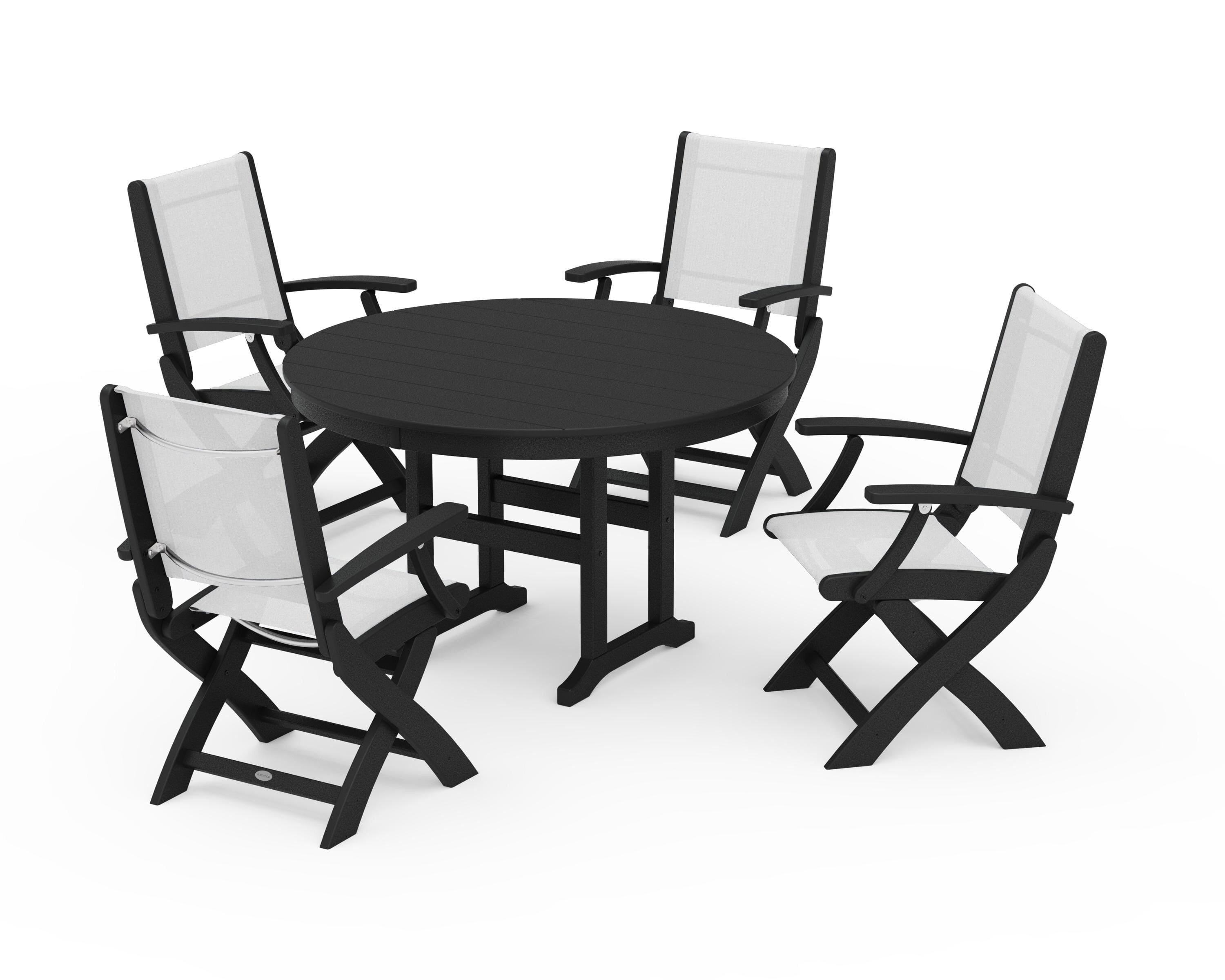 POLYWOOD Coastal Folding Chair 5-Piece Round Dining Set in Black / White Sling