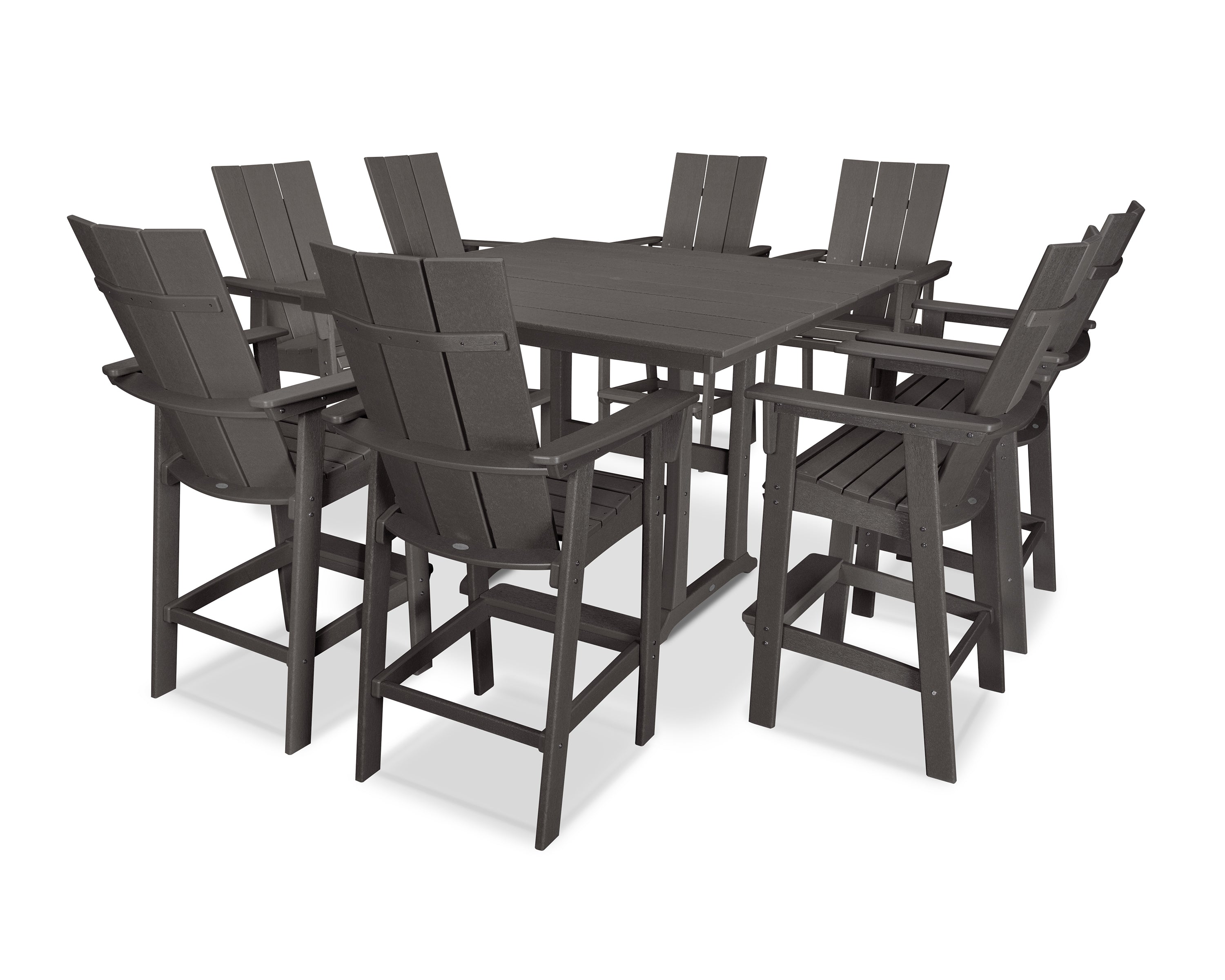 POLYWOOD® Modern Curveback Adirondack 9-Piece Farmhouse Trestle Bar Set in Vintage Coffee