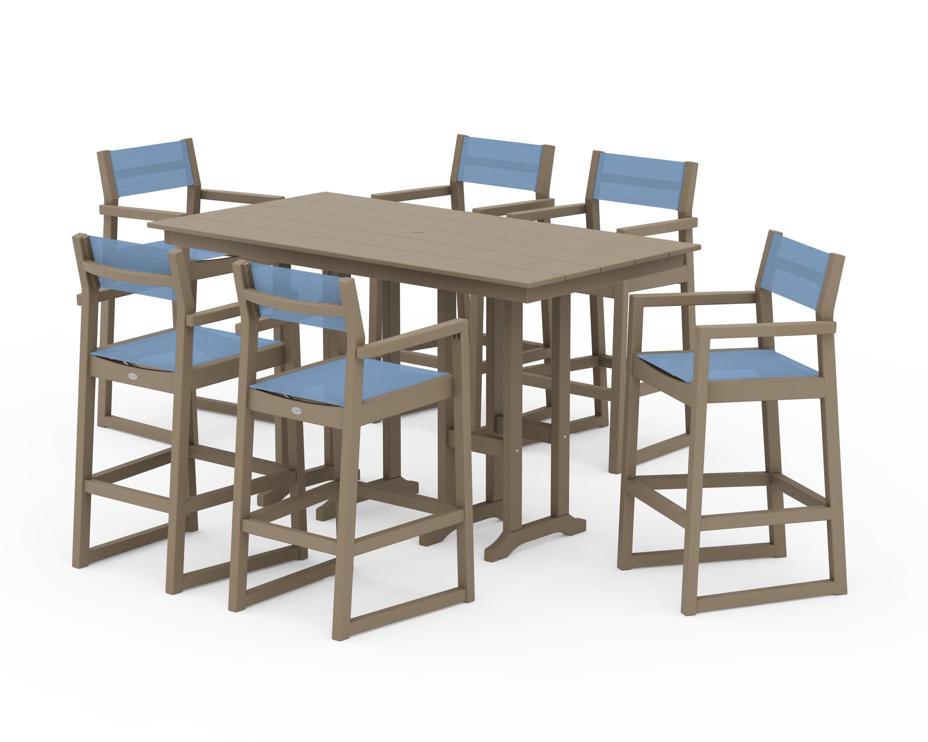 POLYWOOD EDGE Sling Arm Chair 7-Piece Farmhouse Bar Set in Vintage Sahara / Poolside Sling
