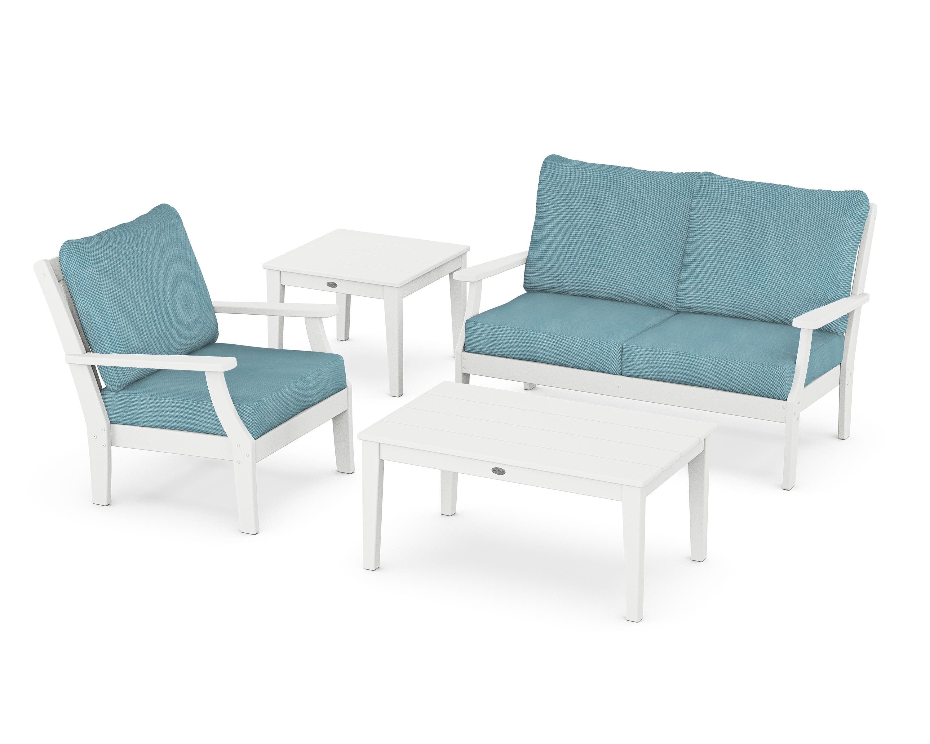 POLYWOOD Braxton 4-Piece Deep Seating Set in White / Lattice Sky Blue