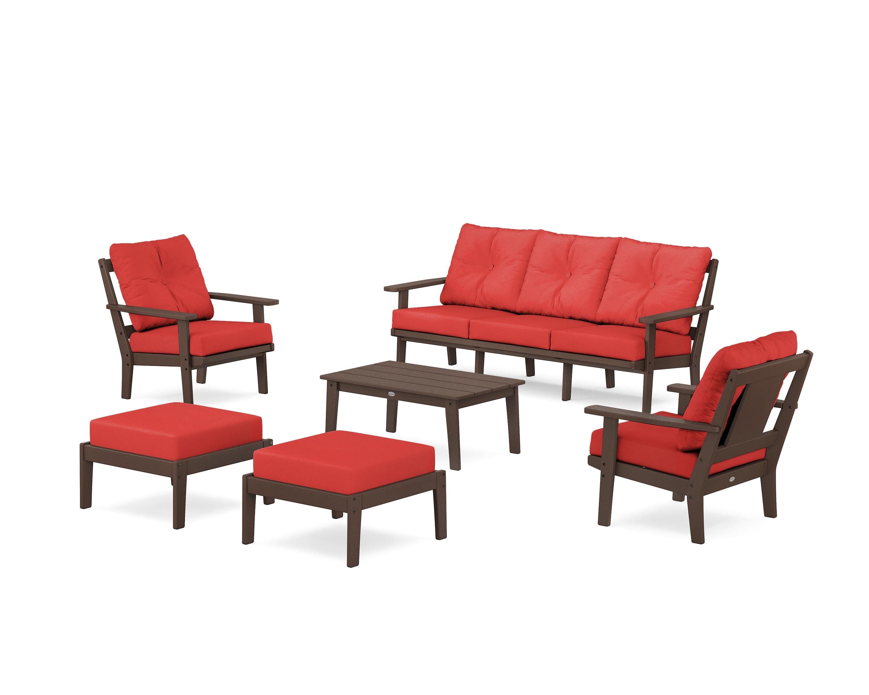 POLYWOOD Prairie 6-Piece Lounge Sofa Set in Mahogany / Crimson Linen