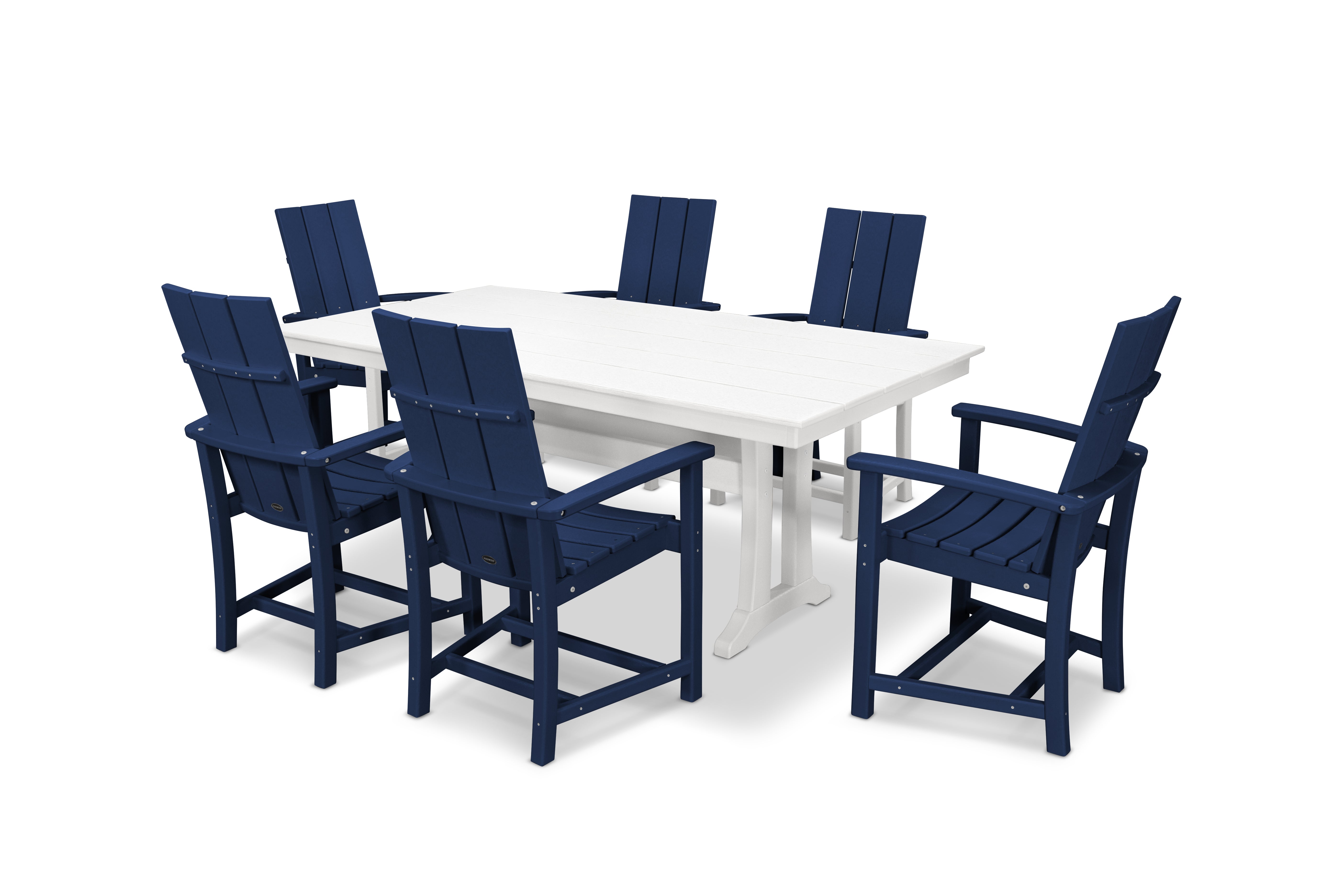 POLYWOOD Modern Adirondack 7-Piece Farmhouse Dining Set with Trestle Legs in Navy / White