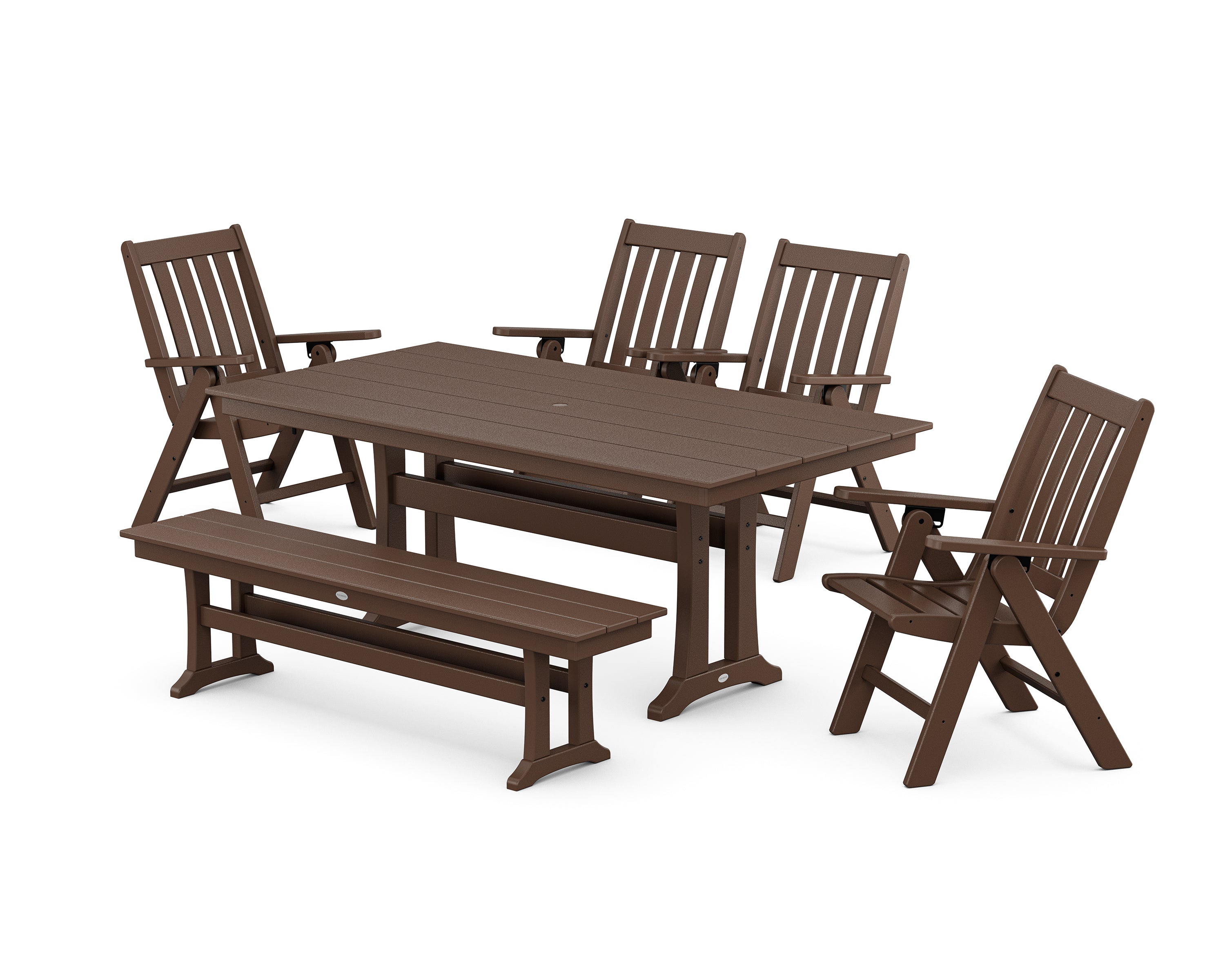 POLYWOOD Vineyard 6-Piece Folding Chair Farmhouse Dining Set with Trestle Legs and Bench in Mahogany