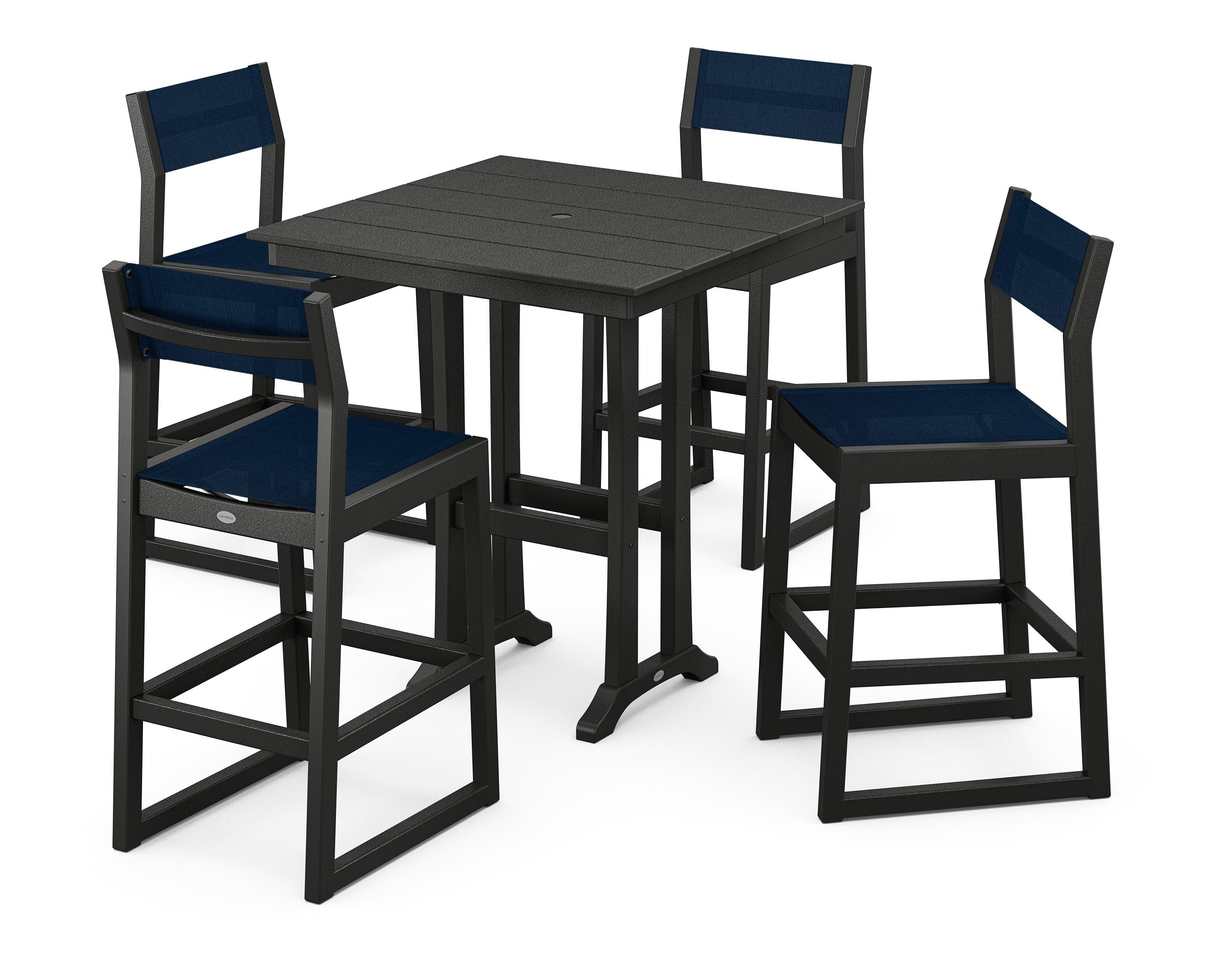 POLYWOOD EDGE Sling Arm Chair 5-Piece Farmhouse Bar Set with Trestle Legs in Black / Navy Blue Sling