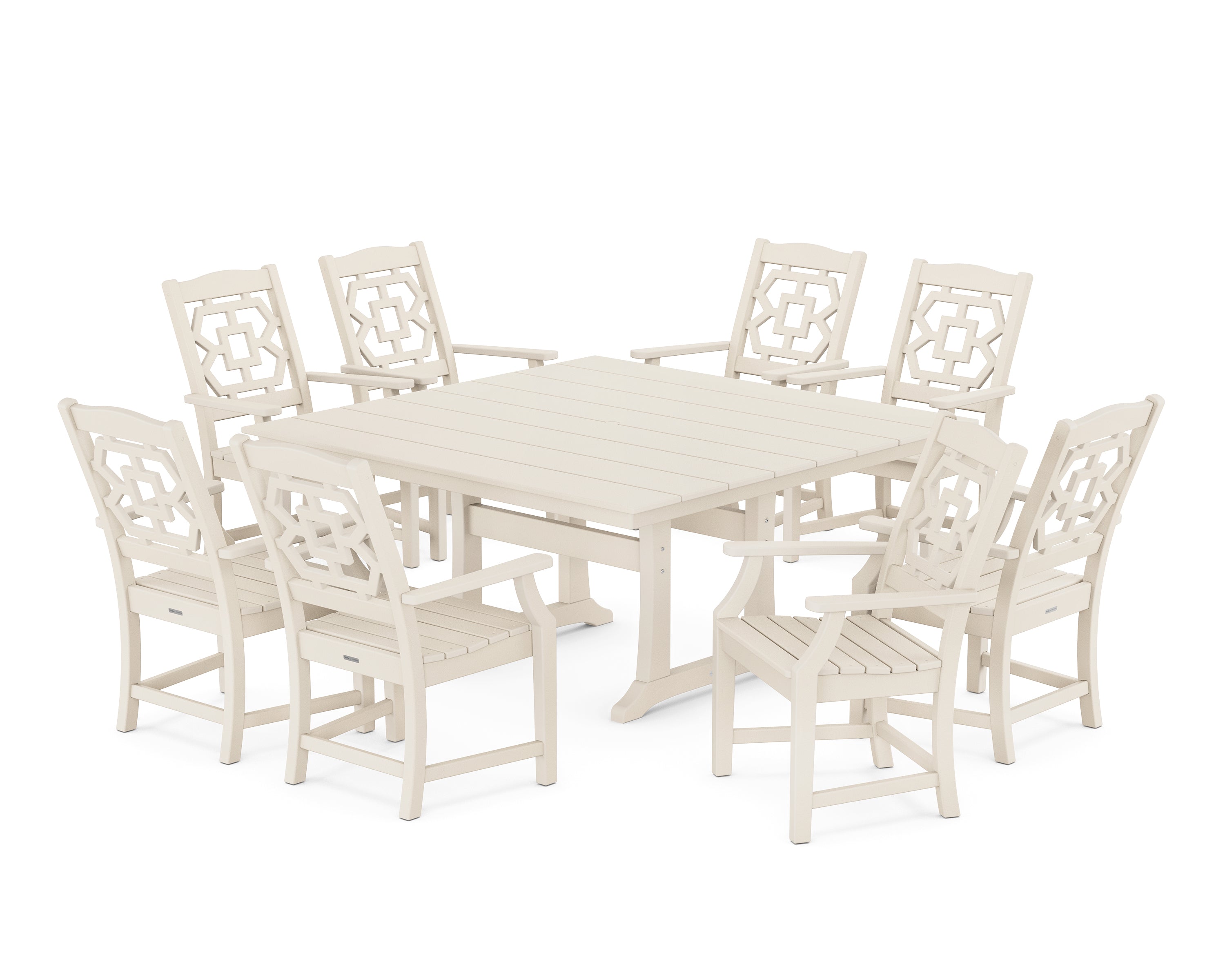 Martha Stewart by POLYWOOD Chinoiserie 9-Piece Square Farmhouse Dining Set with Trestle Legs in Sand