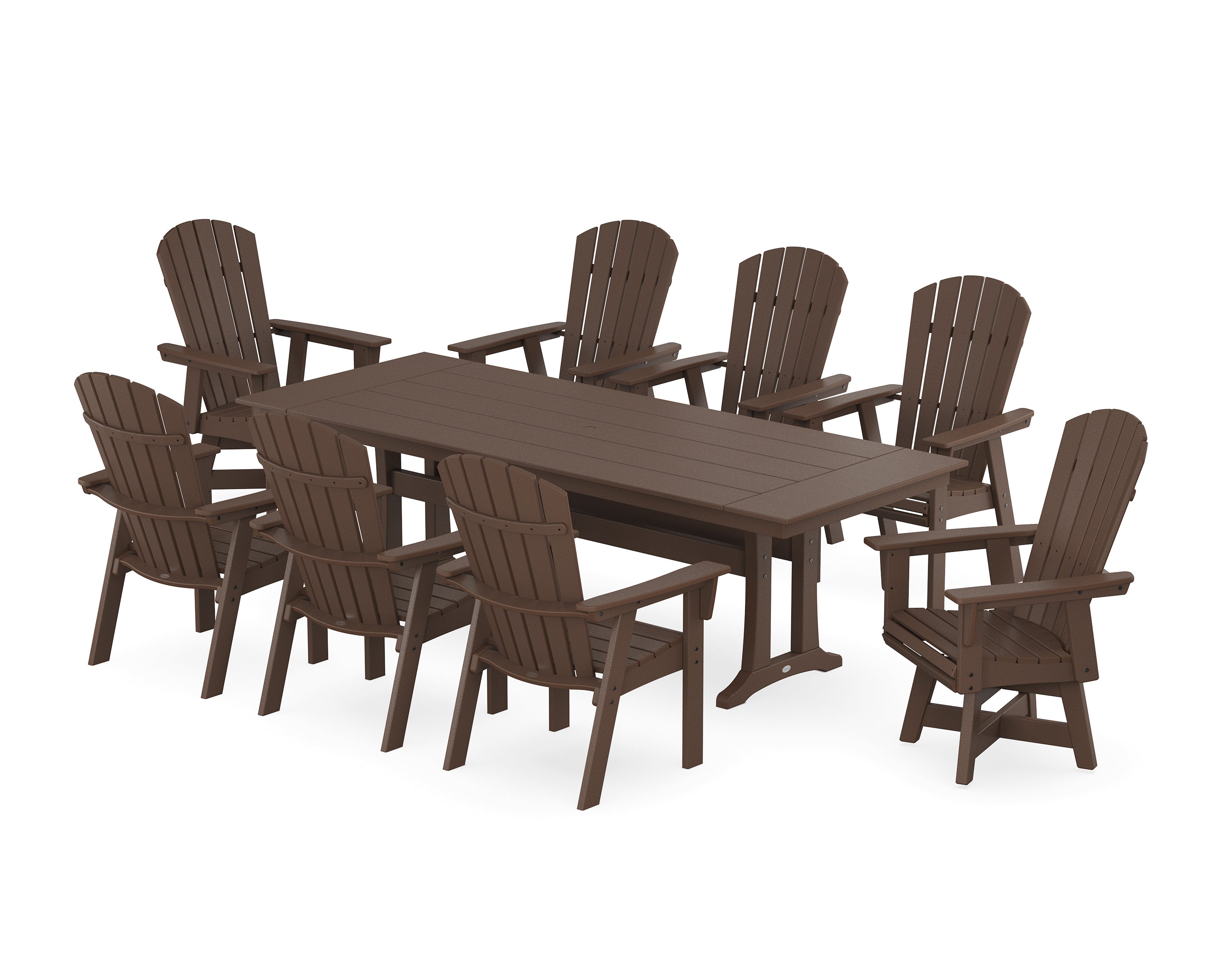 POLYWOOD® Nautical Curveback Adirondack Swivel 9-Piece Farmhouse Dining Set with Trestle Legs in Mahogany