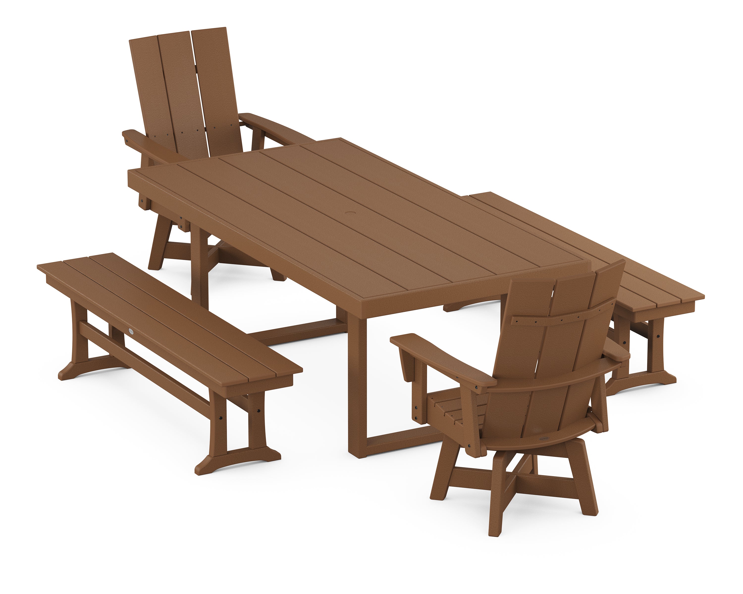 POLYWOOD Modern Adirondack Swivel Chair 5-Piece Dining Set with Benches in Teak