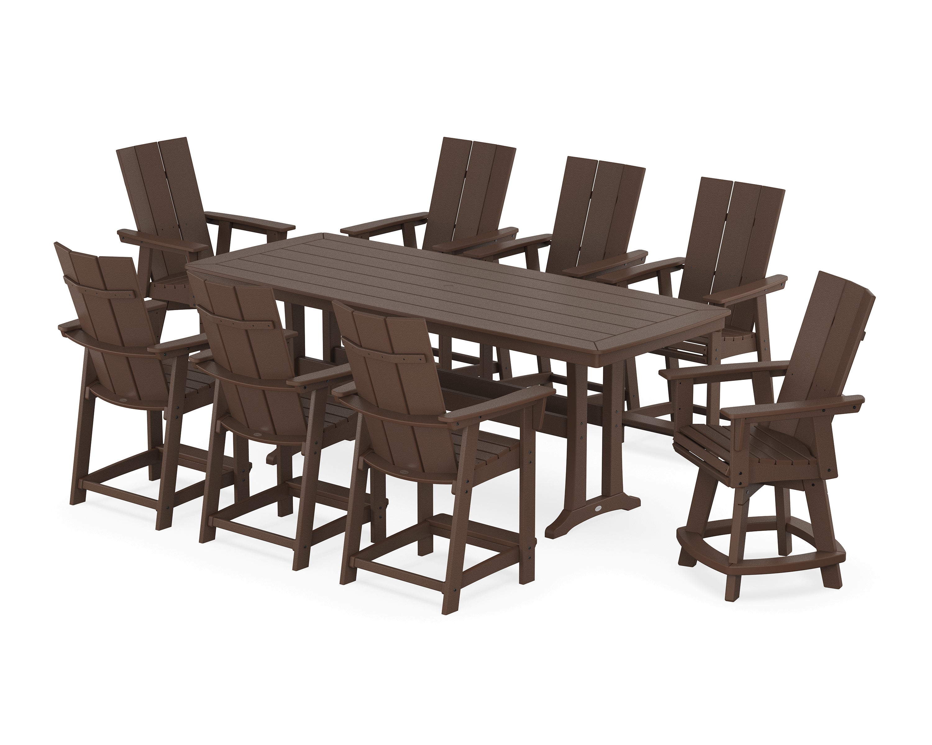 POLYWOOD® Modern Curveback Adirondack Swivel 9-Piece Counter Set with Trestle Legs in Mahogany