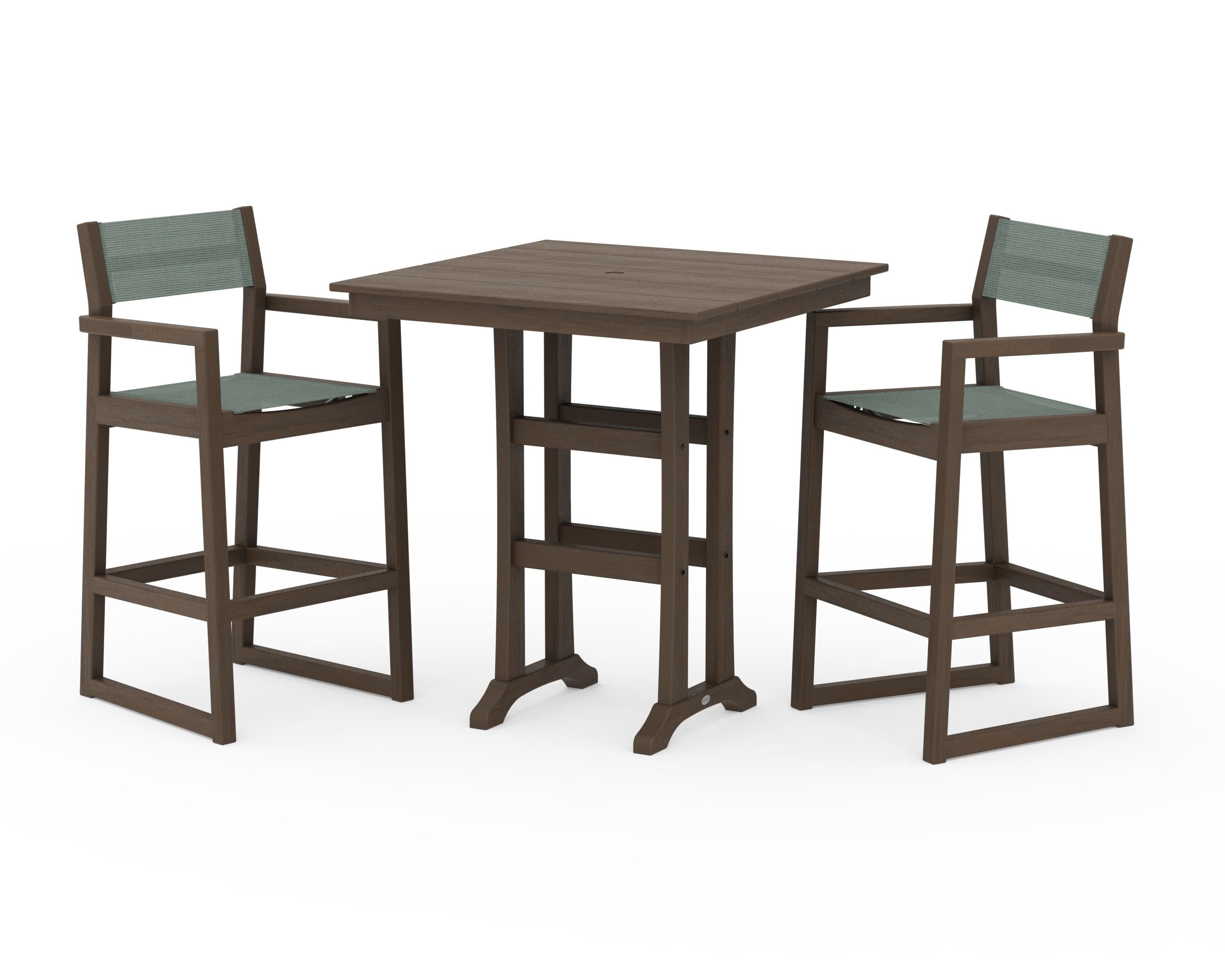 POLYWOOD EDGE Sling Arm Chair 3-Piece Farmhouse Bar Set with Trestle Legs in Kona / Dupioni Sea Mist Sling